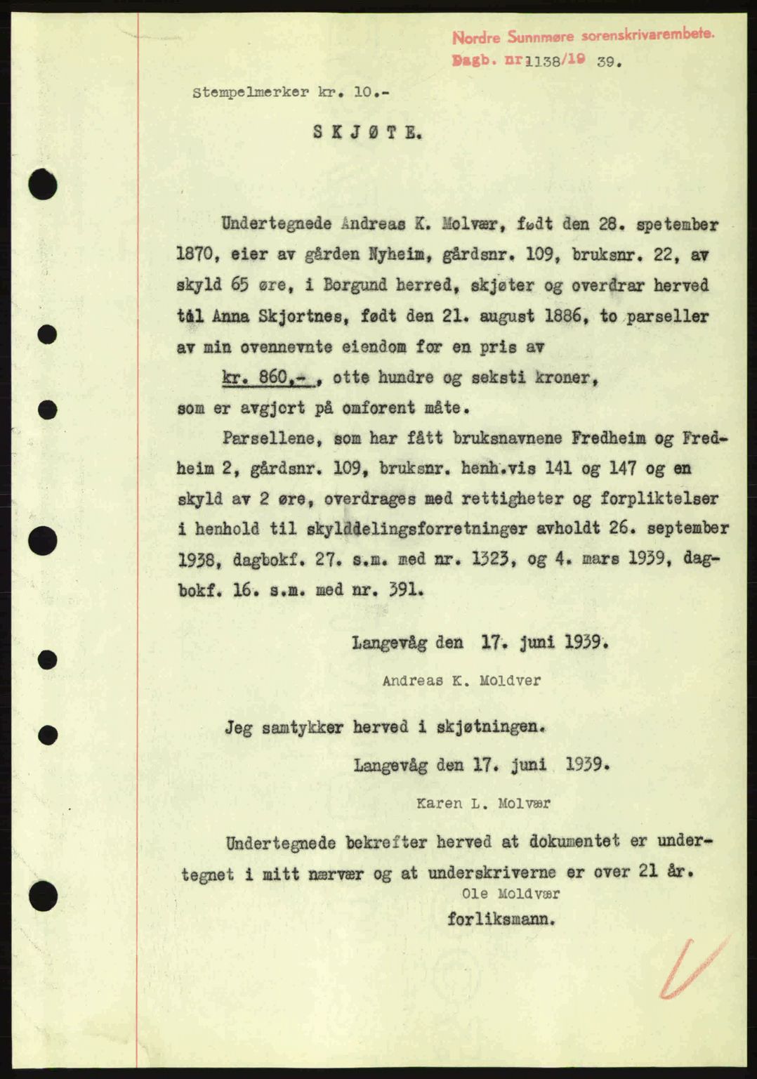 Nordre Sunnmøre sorenskriveri, SAT/A-0006/1/2/2C/2Ca: Pantebok nr. A7, 1939-1939, Dagboknr: 1138/1939