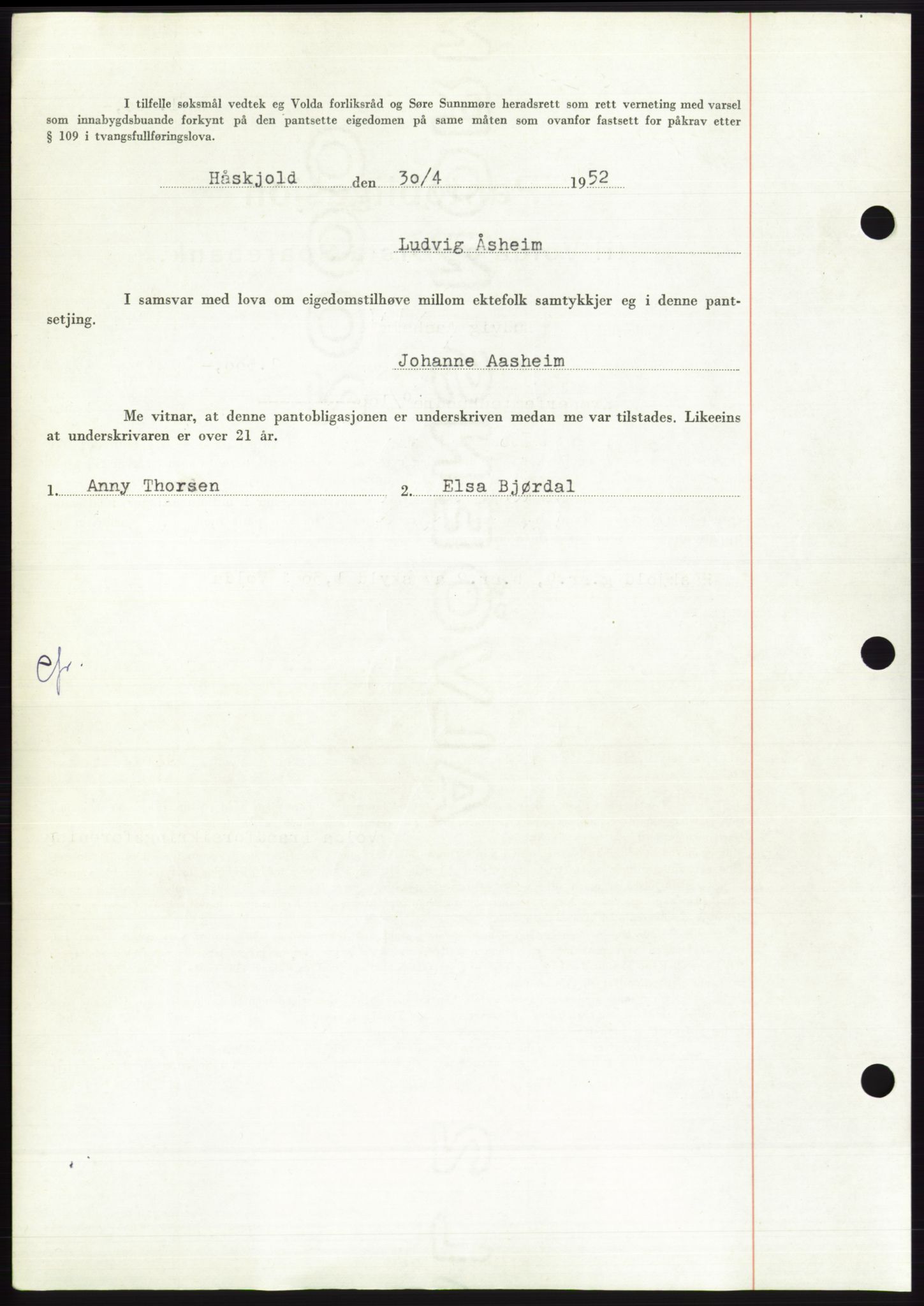 Søre Sunnmøre sorenskriveri, AV/SAT-A-4122/1/2/2C/L0121: Pantebok nr. 9B, 1951-1952, Dagboknr: 805/1952