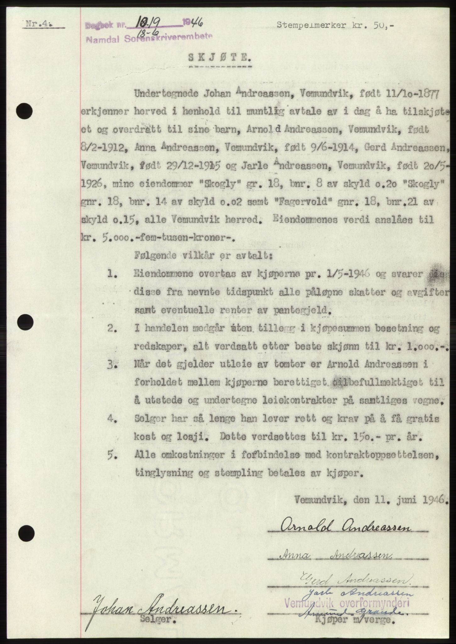 Namdal sorenskriveri, SAT/A-4133/1/2/2C: Pantebok nr. -, 1946-1946, Dagboknr: 1019/1946