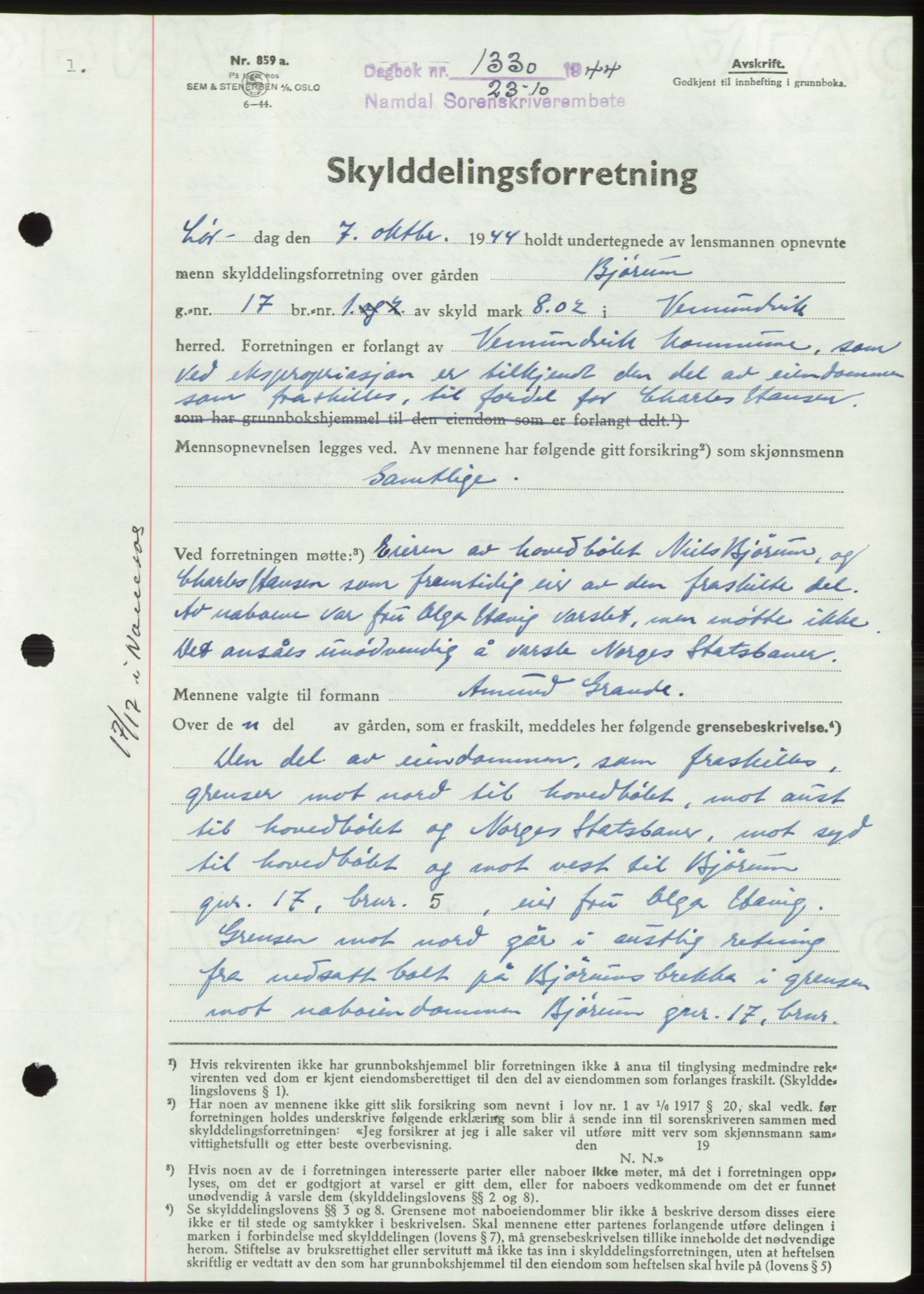 Namdal sorenskriveri, SAT/A-4133/1/2/2C: Pantebok nr. -, 1944-1945, Dagboknr: 1330/1944