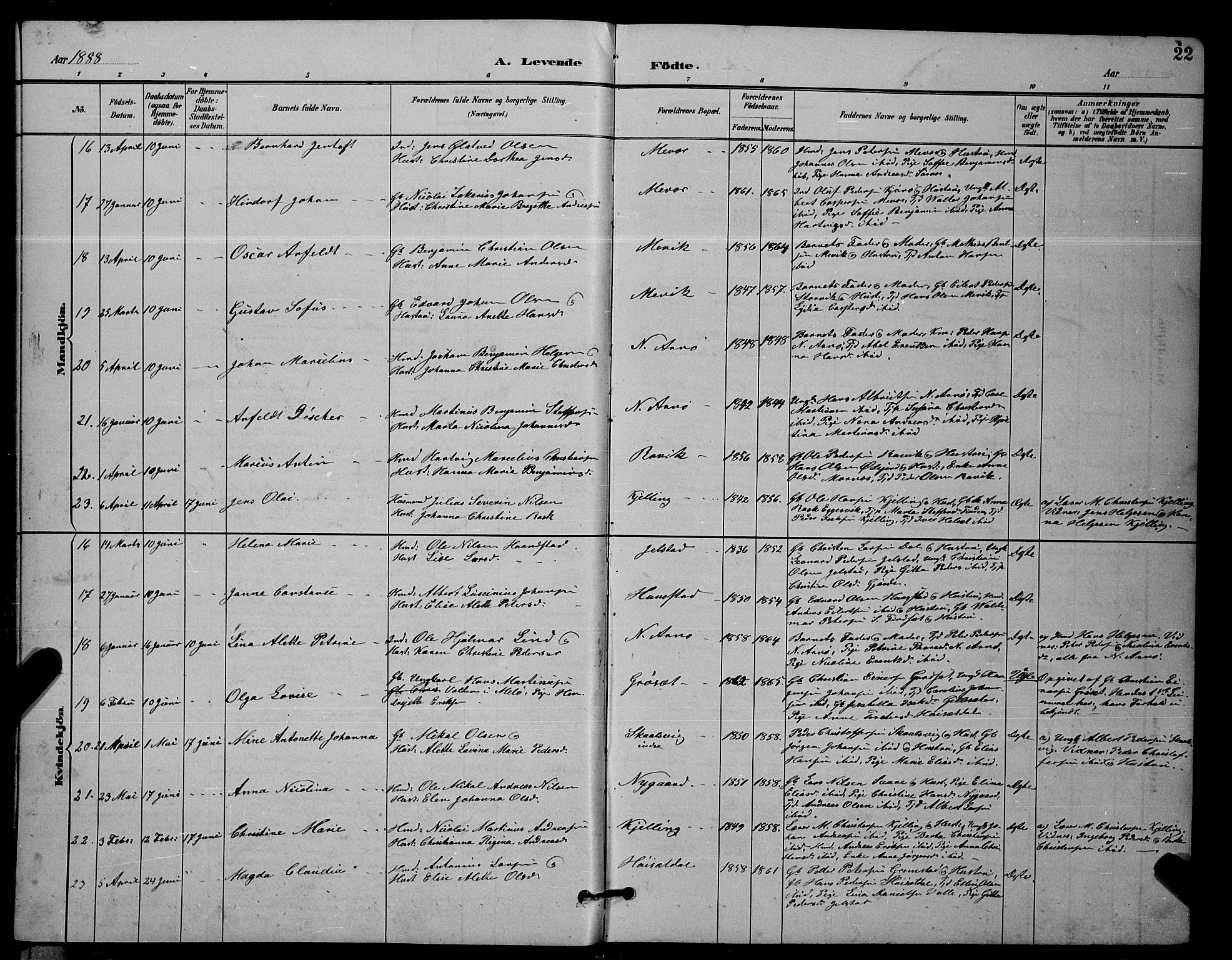 Ministerialprotokoller, klokkerbøker og fødselsregistre - Nordland, AV/SAT-A-1459/805/L0108: Klokkerbok nr. 805C04, 1885-1899, s. 22