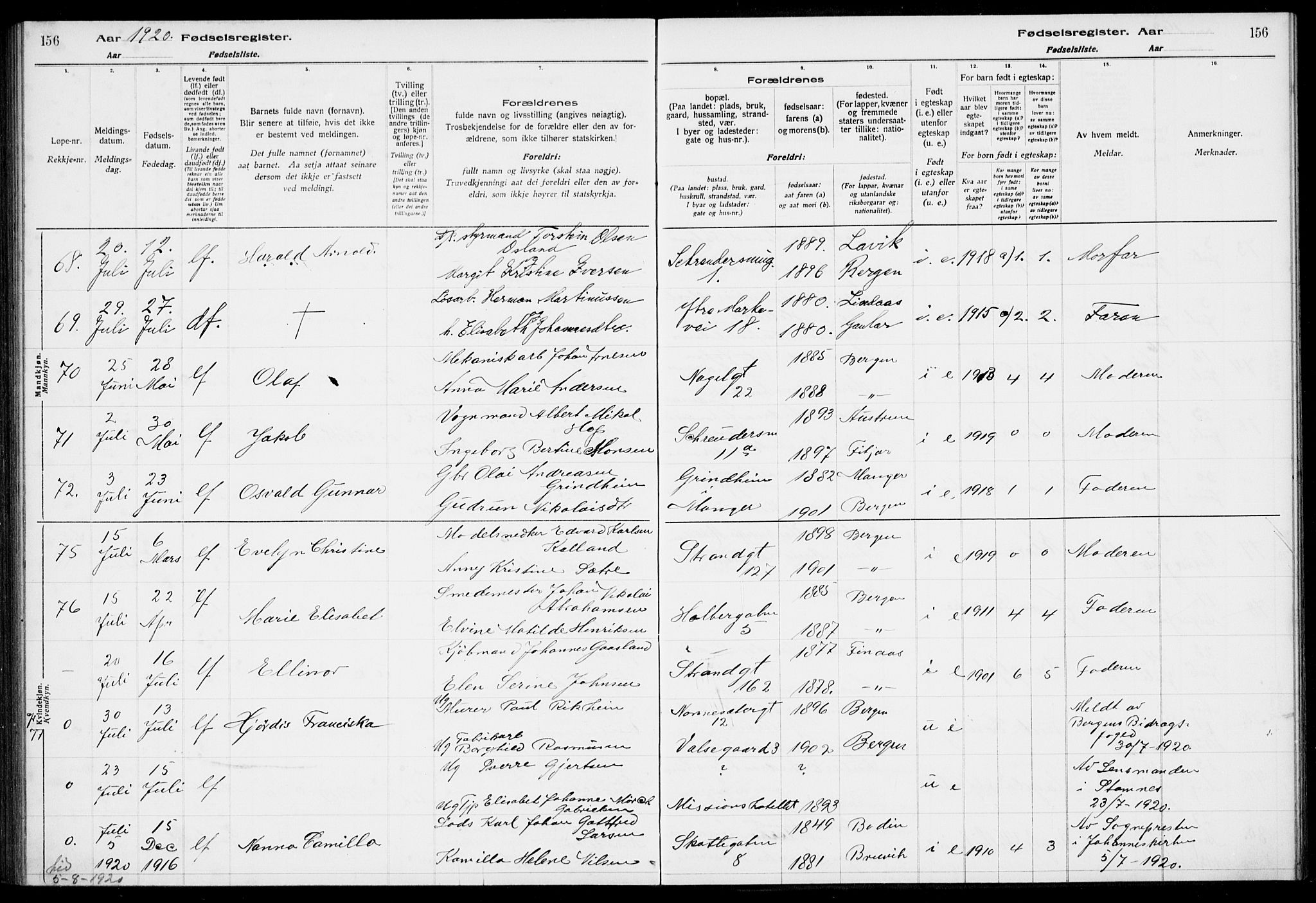 Nykirken Sokneprestembete, SAB/A-77101/I/Id/L00A1: Fødselsregister nr. A 1, 1916-1922, s. 156