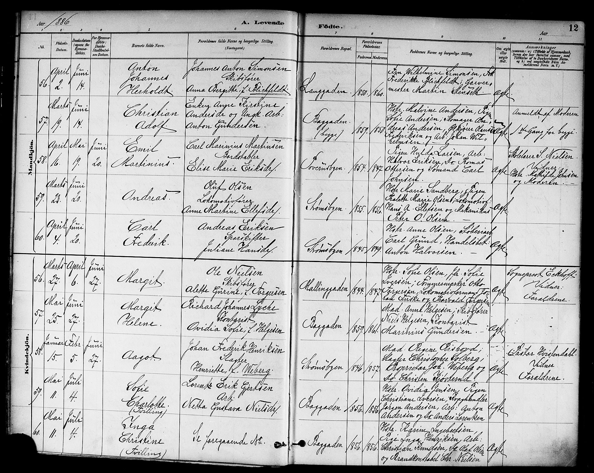 Strømsø kirkebøker, AV/SAKO-A-246/F/Fa/L0023: Ministerialbok nr. I 23, 1885-1894, s. 12