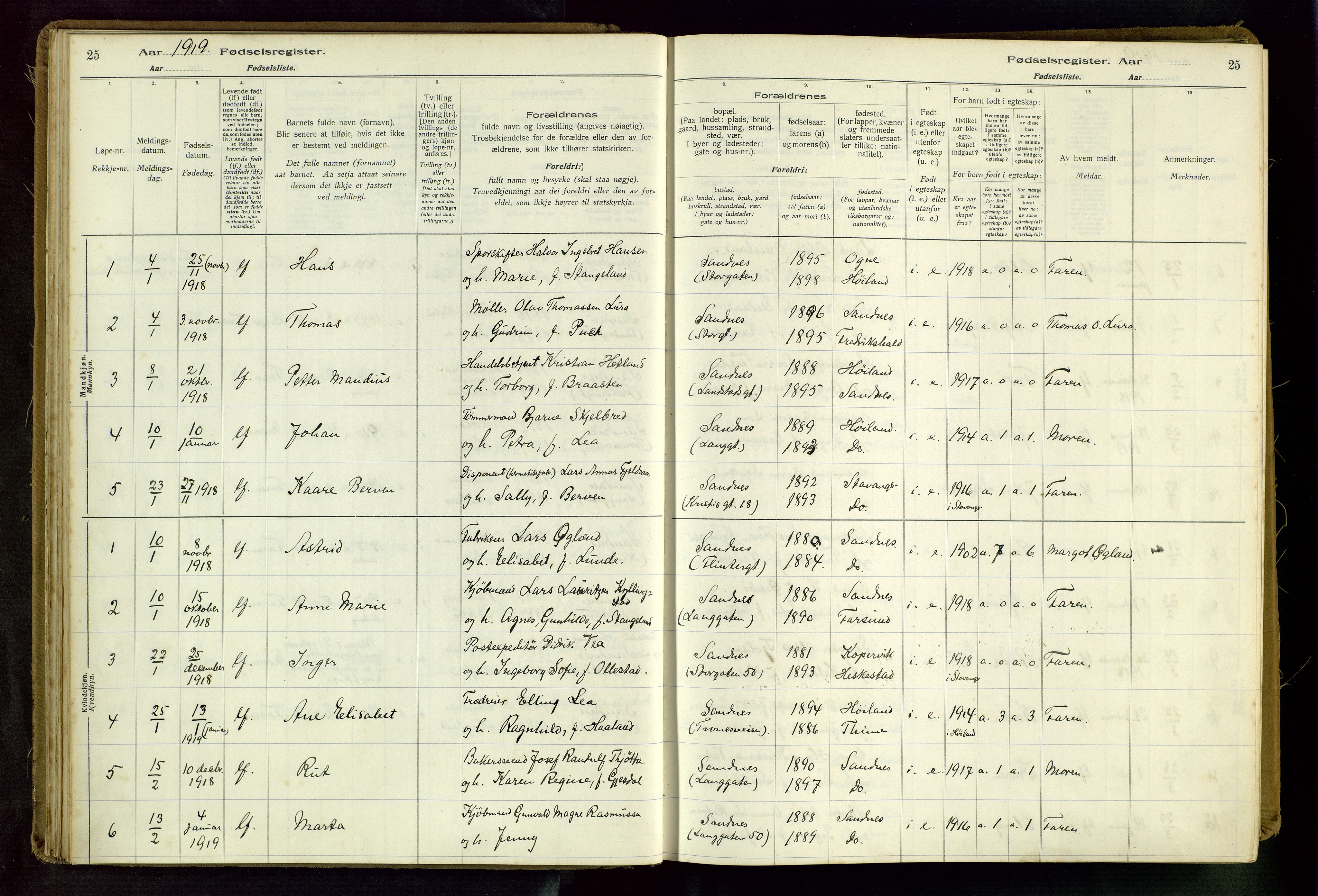 Sandnes sokneprestkontor, SAST/A-101800/704BA/L0001: Fødselsregister nr. 1, 1916-1942, s. 25