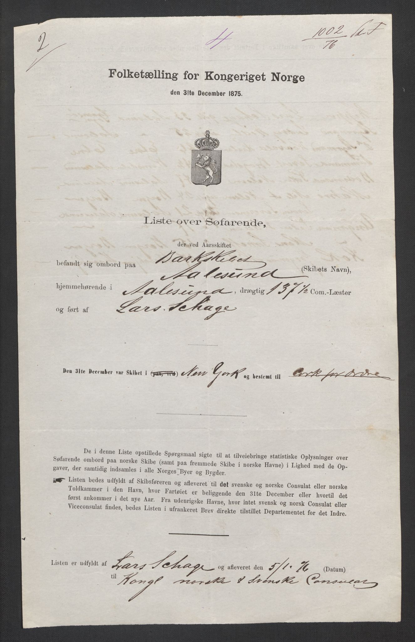 RA, Folketelling 1875, skipslister: Skip i utenrikske havner, hjemmehørende i 1) byer og ladesteder, Grimstad - Tromsø, 2) landdistrikter, 1875, s. 1014