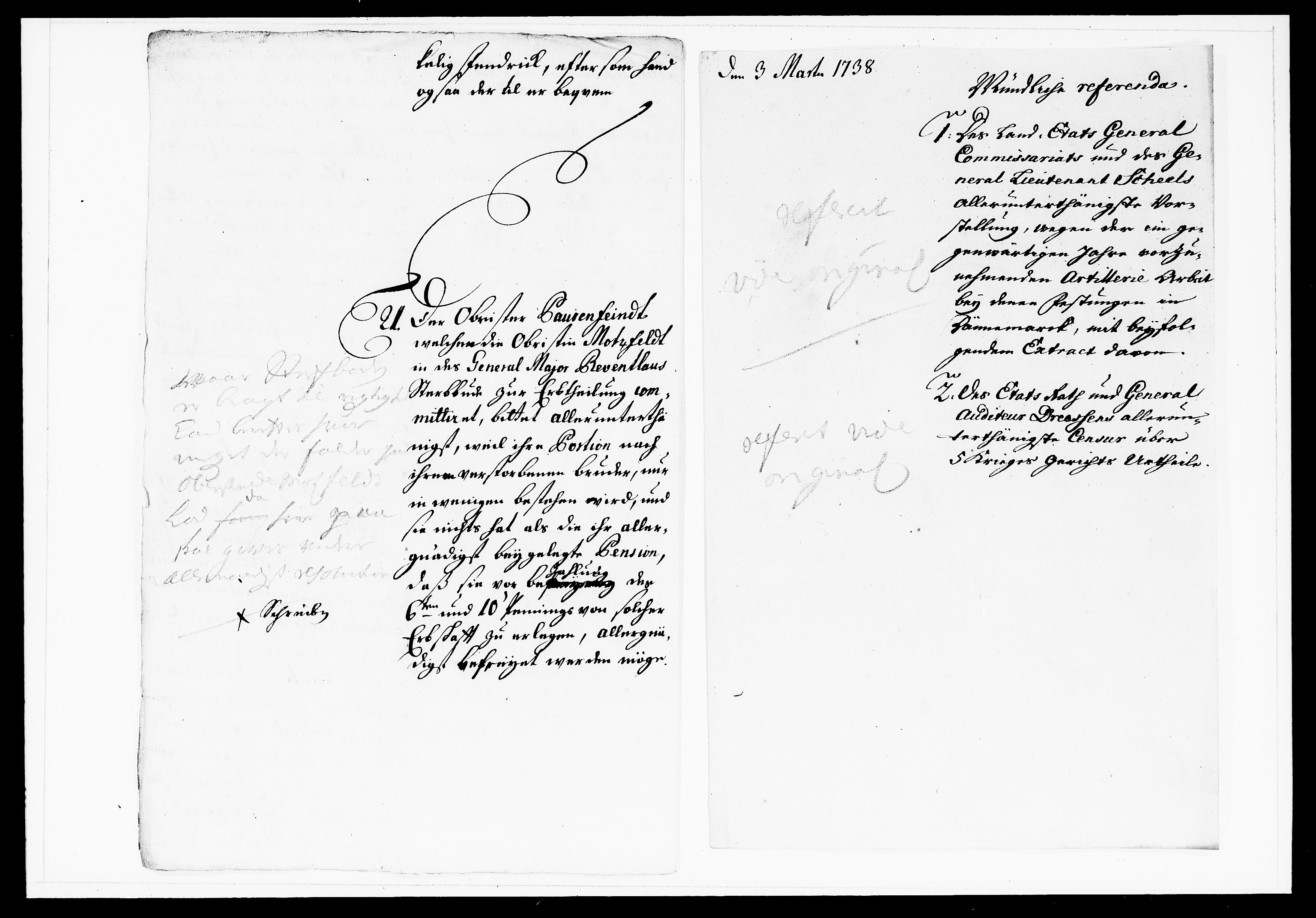 Krigskollegiet, Krigskancelliet, DRA/A-0006/-/1143-1150: Refererede sager, 1738, s. 100