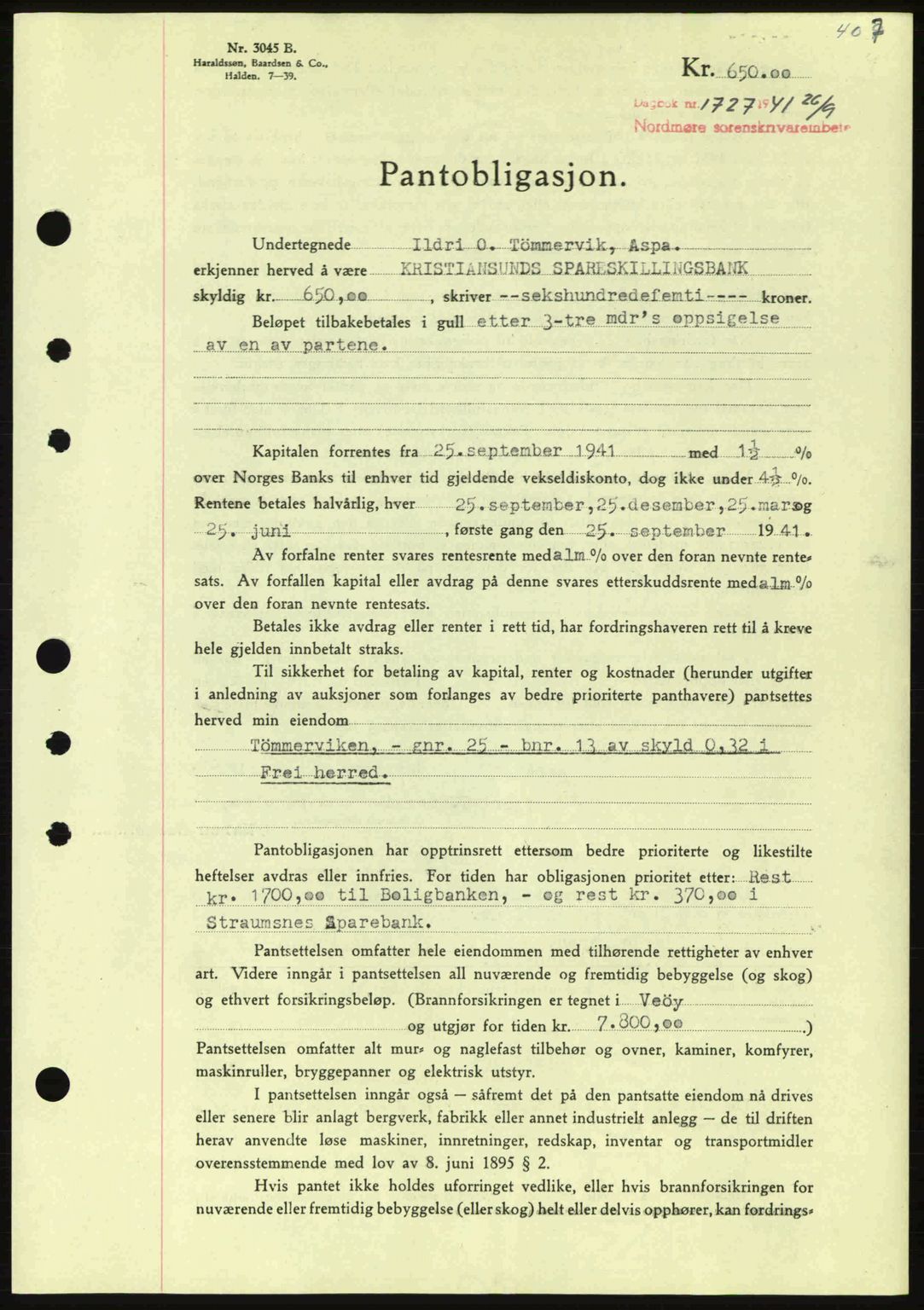 Nordmøre sorenskriveri, SAT/A-4132/1/2/2Ca: Pantebok nr. B88, 1941-1942, Dagboknr: 1727/1941