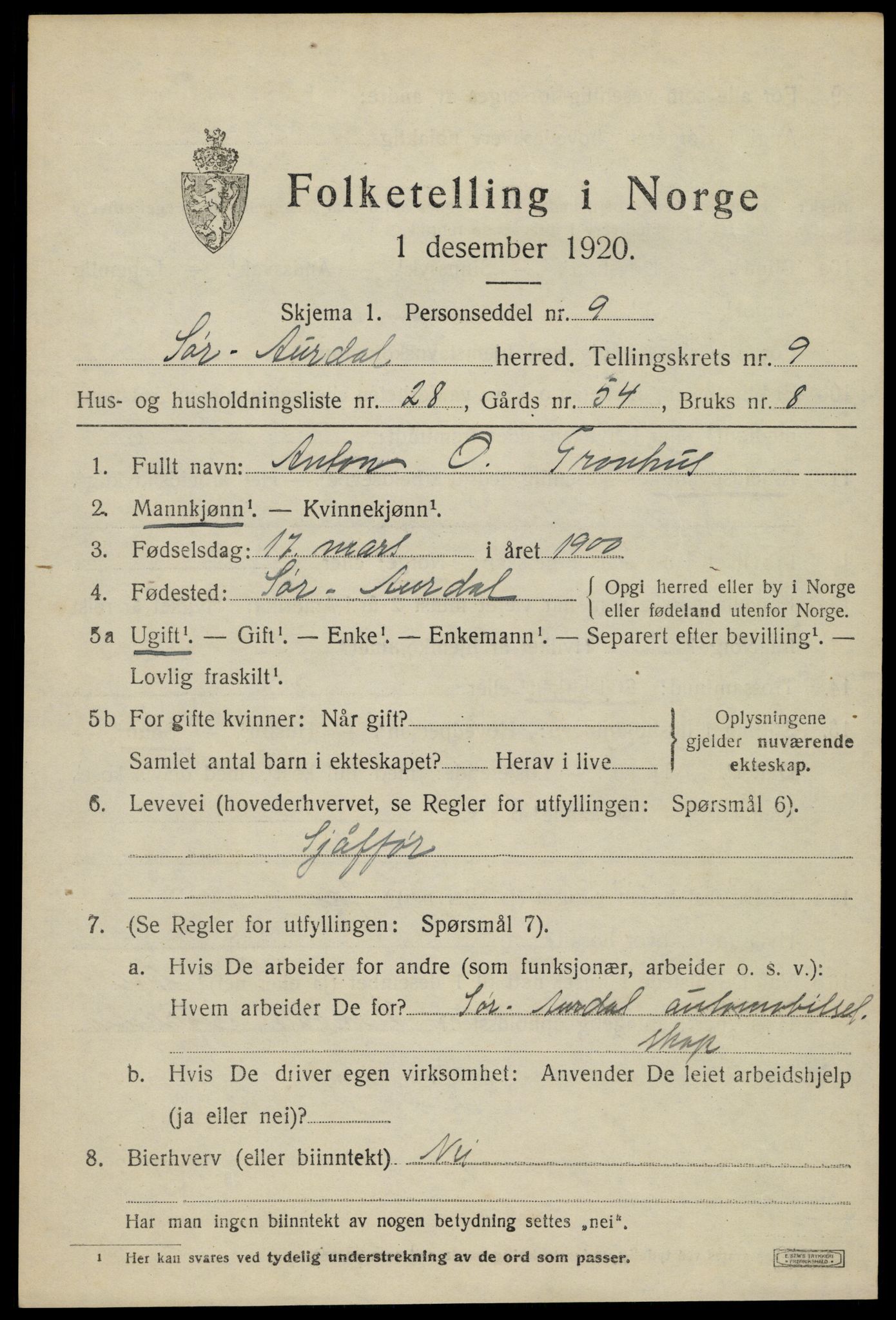 SAH, Folketelling 1920 for 0540 Sør-Aurdal herred, 1920, s. 5463