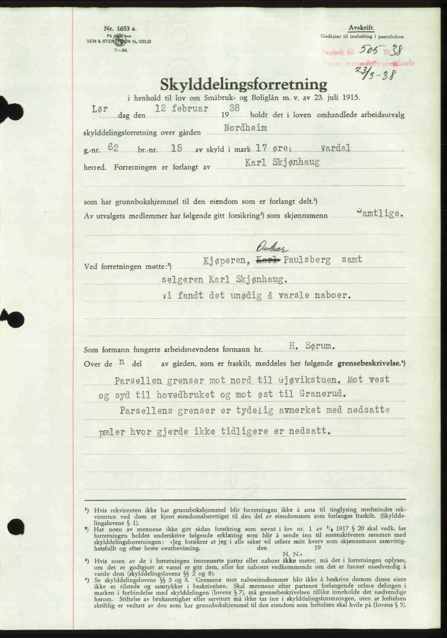 Toten tingrett, SAH/TING-006/H/Hb/Hbc/L0003: Pantebok nr. Hbc-03, 1937-1938, Dagboknr: 505/1938