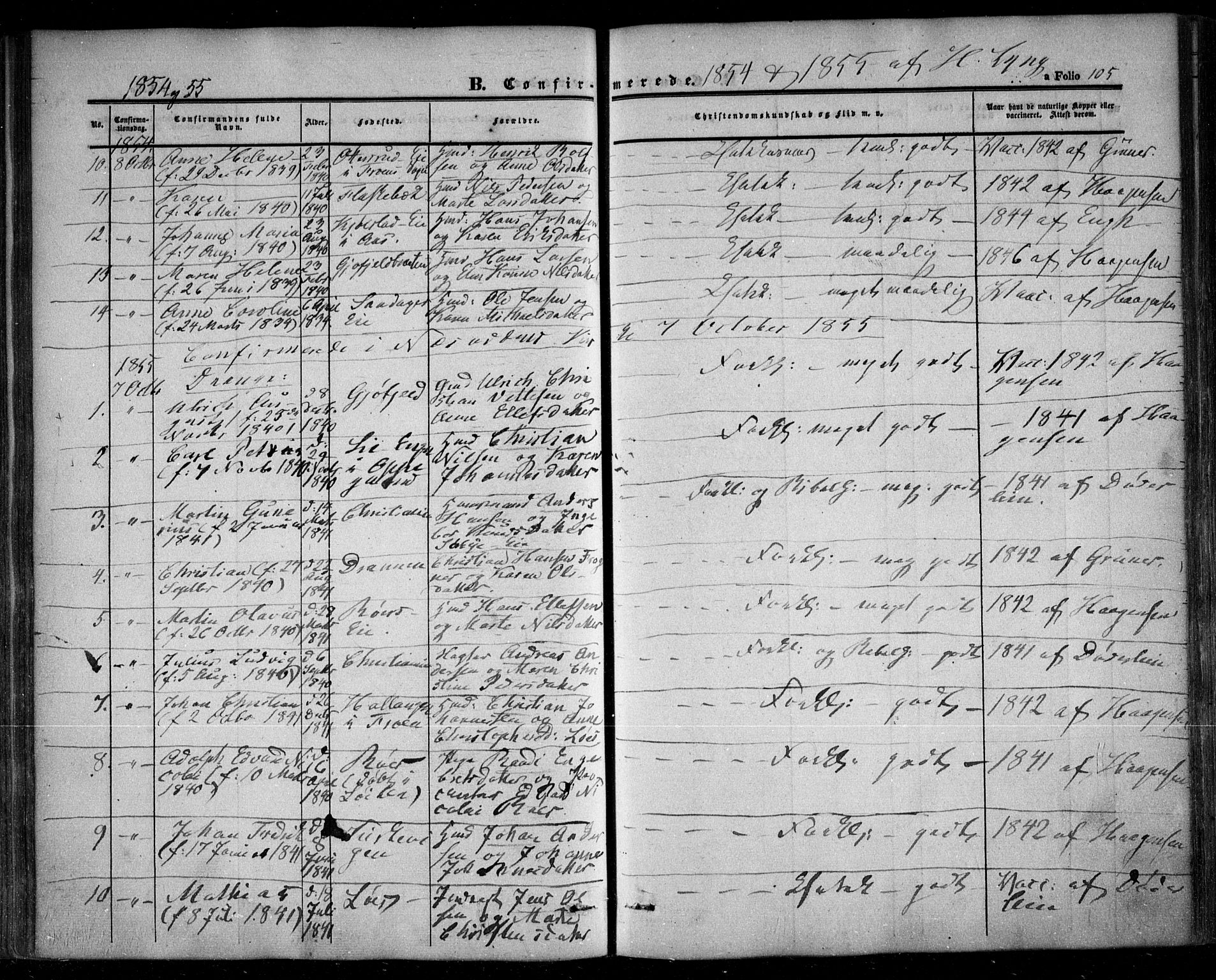 Nesodden prestekontor Kirkebøker, AV/SAO-A-10013/F/Fa/L0007: Ministerialbok nr. I 7, 1848-1868, s. 105
