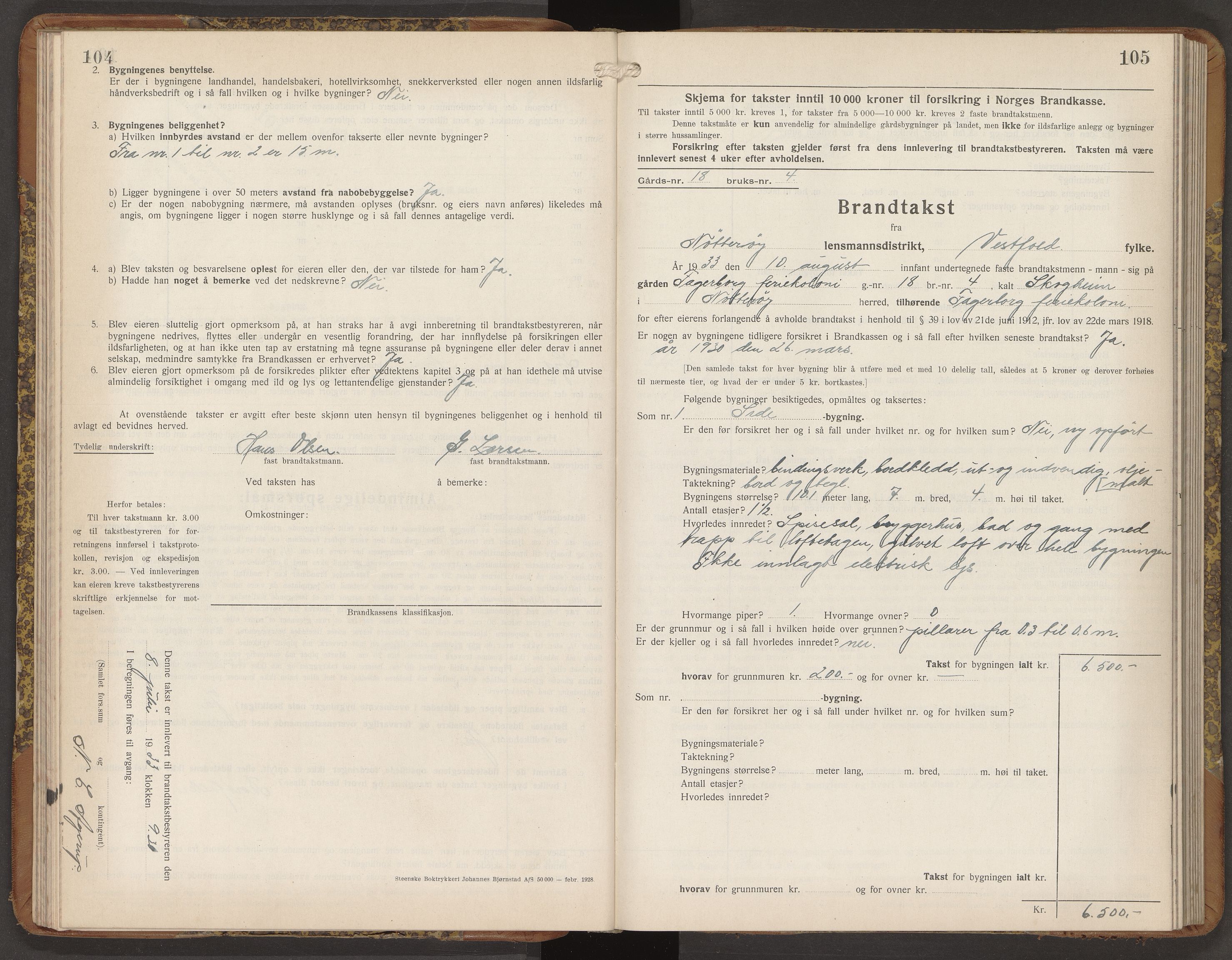 Nøtterøy lensmannskontor, AV/SAKO-A-540/Y/Yg/Ygb/L0009: Skjematakstprotokoll, 1932-1935, s. 104-105