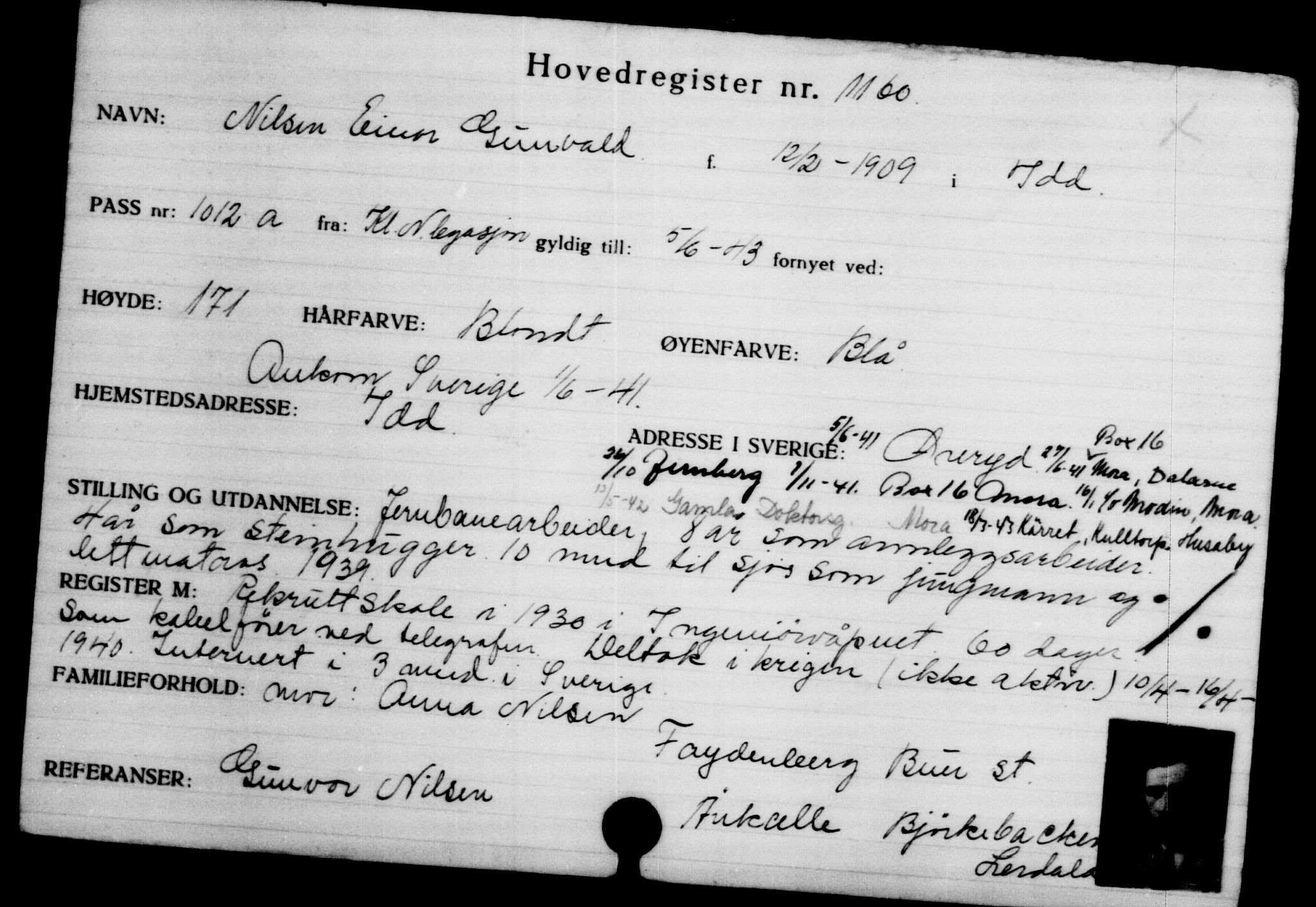 Utenriksstasjonene, Legasjonen i Stockholm, Flyktningkontoret, AV/RA-S-6753/V/Va/L0002: Kjesäterkartoteket, flyktninger med registreringsnr. 1001-2000, 1940-1945, s. 247
