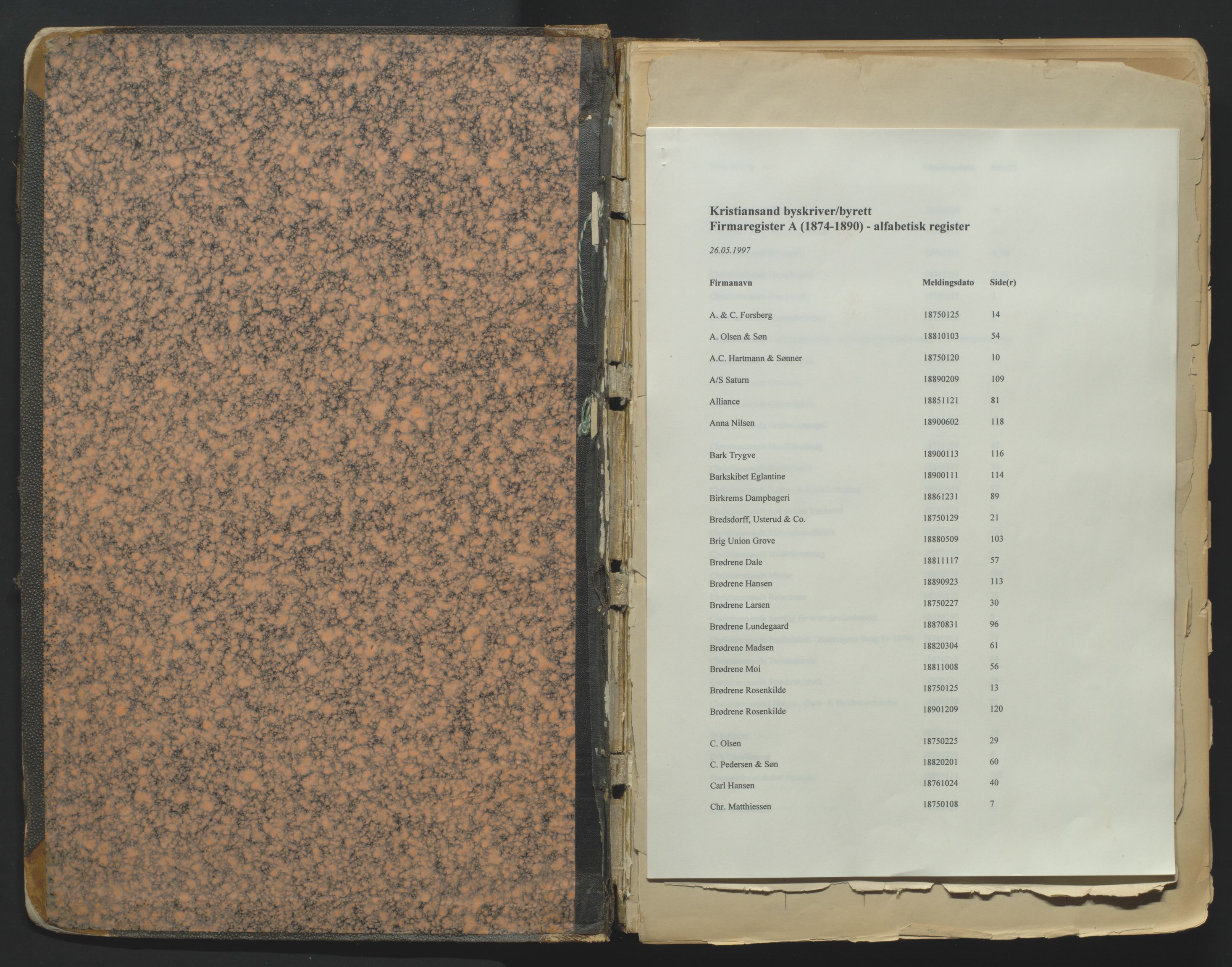 Kristiansand byrett, SAK/1223-0001/K/Kb/L0001: Firmaregister A, med register, 1874-1890