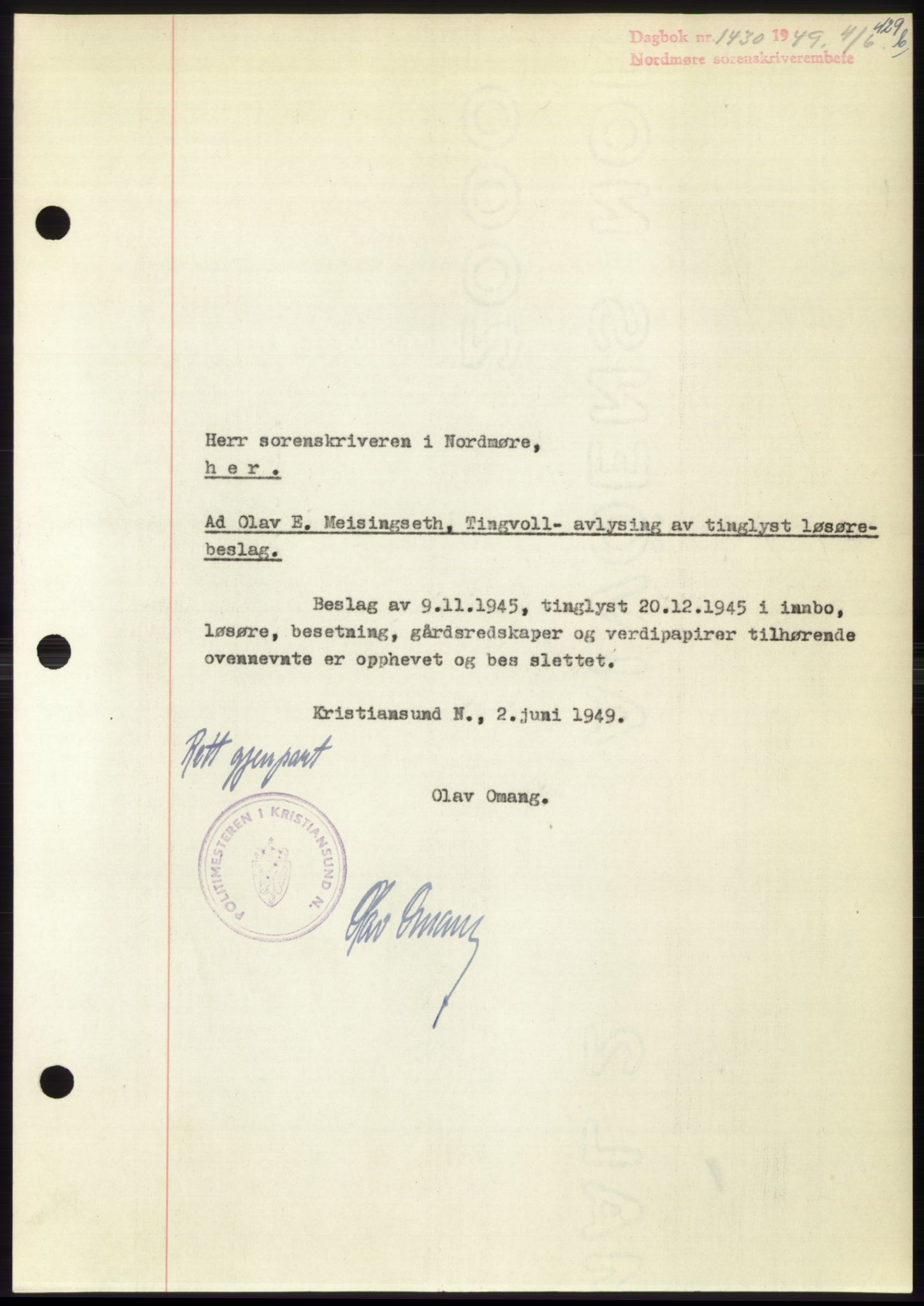 Nordmøre sorenskriveri, SAT/A-4132/1/2/2Ca: Pantebok nr. B101, 1949-1949, Dagboknr: 1430/1949