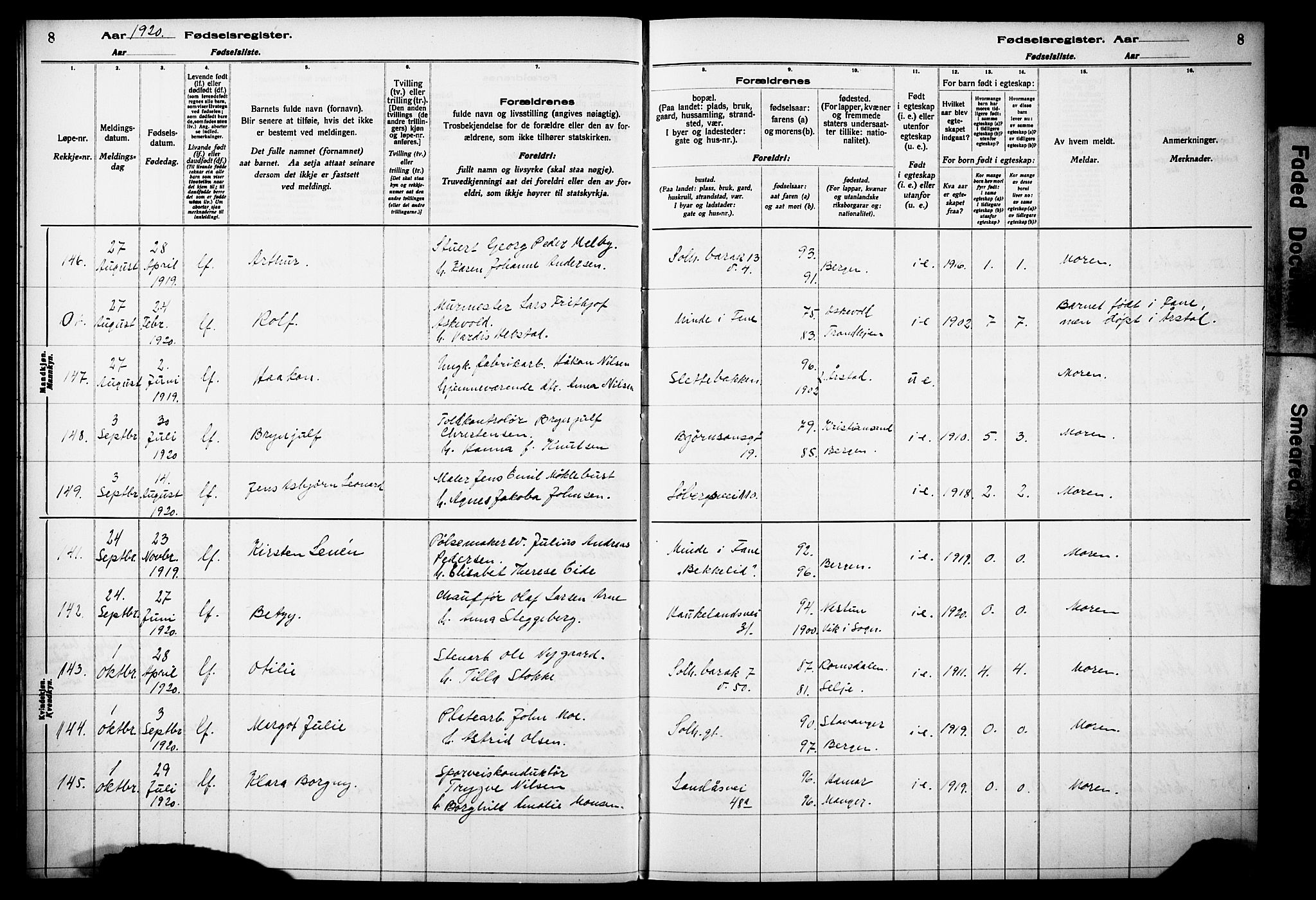 Årstad Sokneprestembete, AV/SAB-A-79301/I/Id/L0A02: Fødselsregister nr. A 2, 1920-1924, s. 8