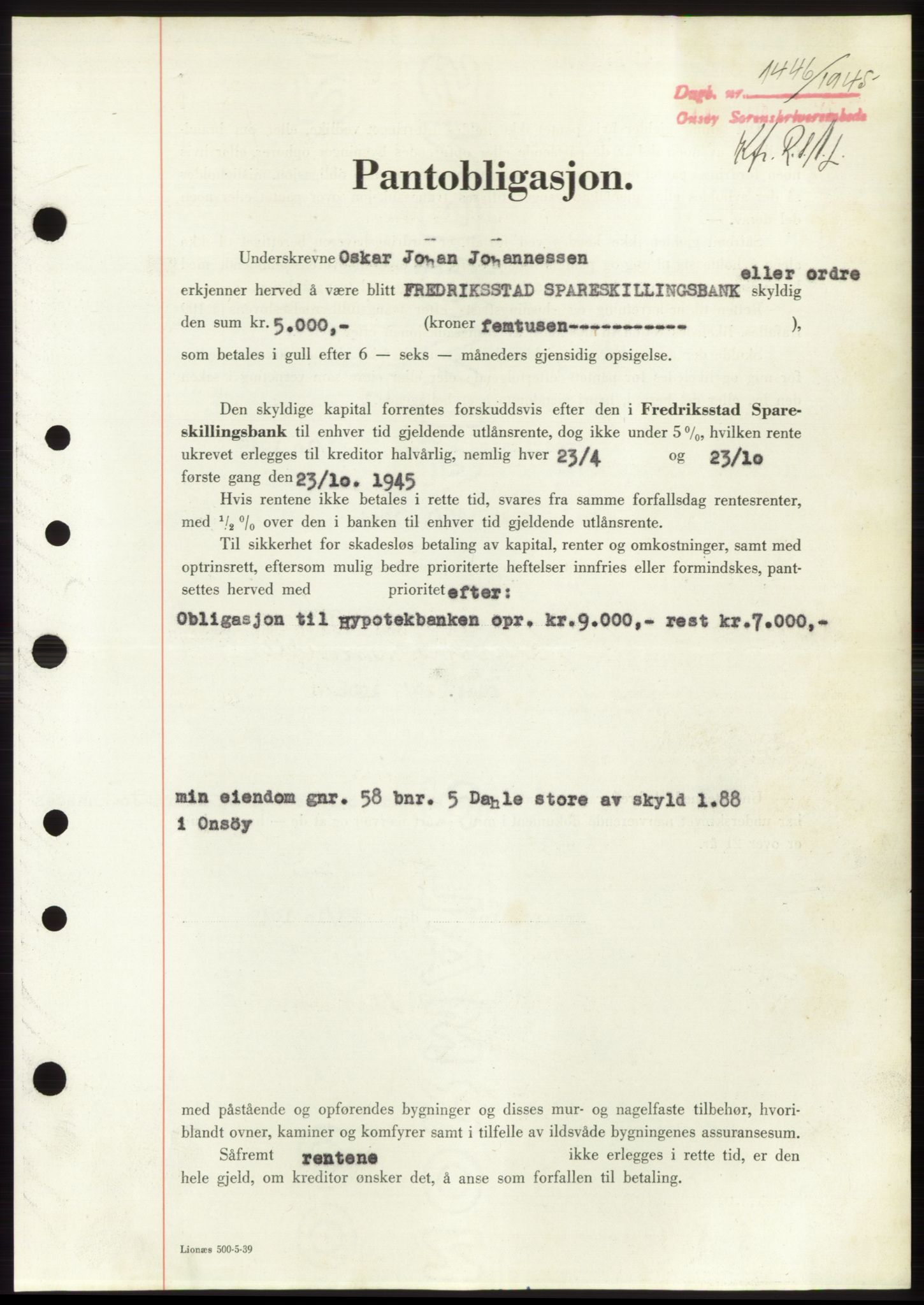 Onsøy sorenskriveri, SAO/A-10474/G/Ga/Gac/L0004: Pantebok nr. B4, 1944-1946, Dagboknr: 1446/1945