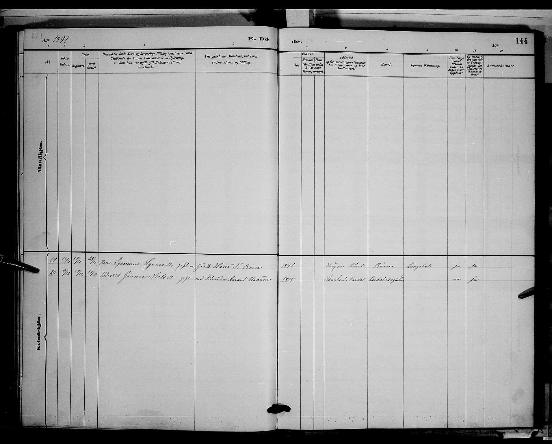 Søndre Land prestekontor, AV/SAH-PREST-122/L/L0003: Klokkerbok nr. 3, 1884-1902, s. 144