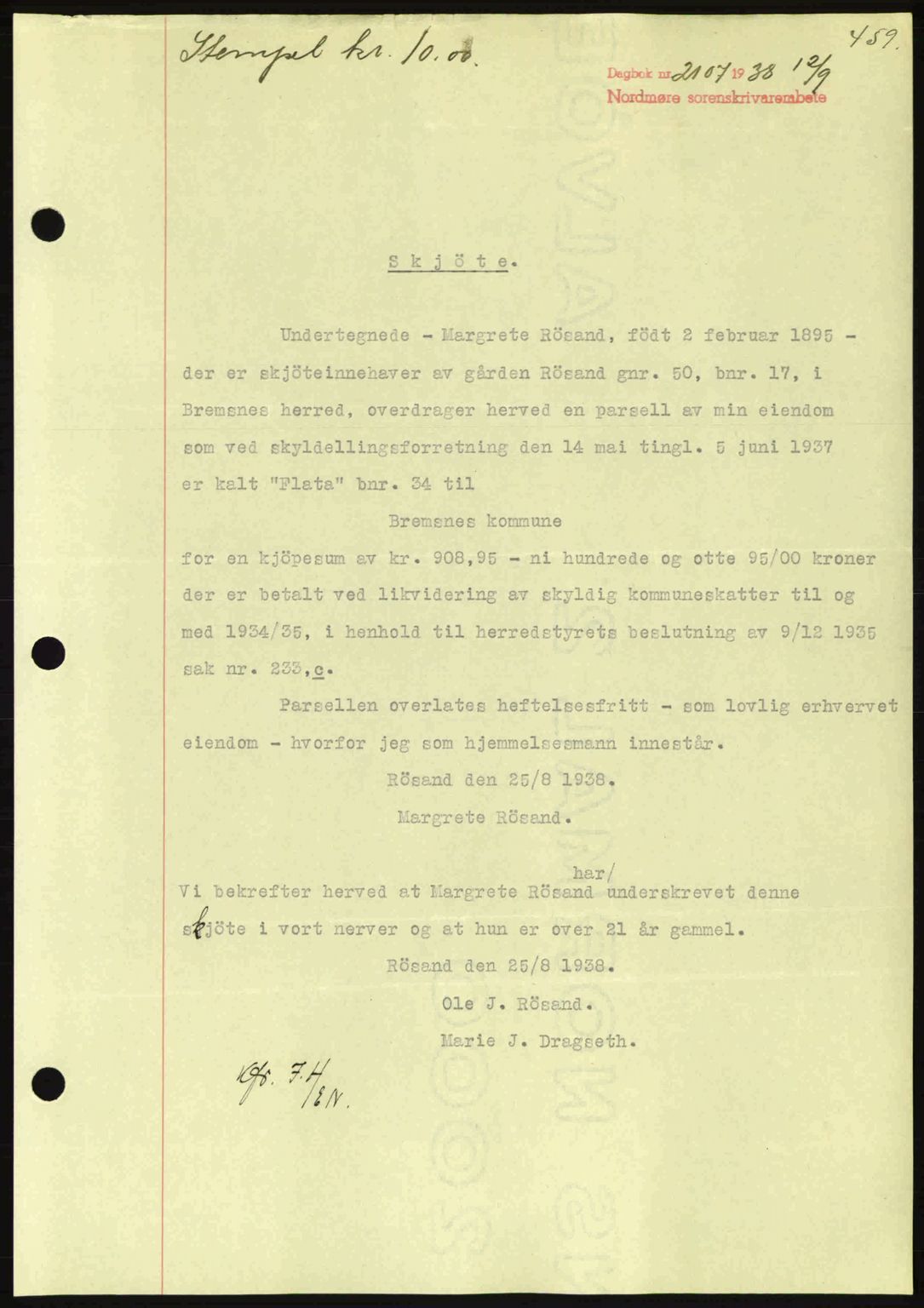 Nordmøre sorenskriveri, SAT/A-4132/1/2/2Ca: Pantebok nr. A84, 1938-1938, Dagboknr: 2107/1938