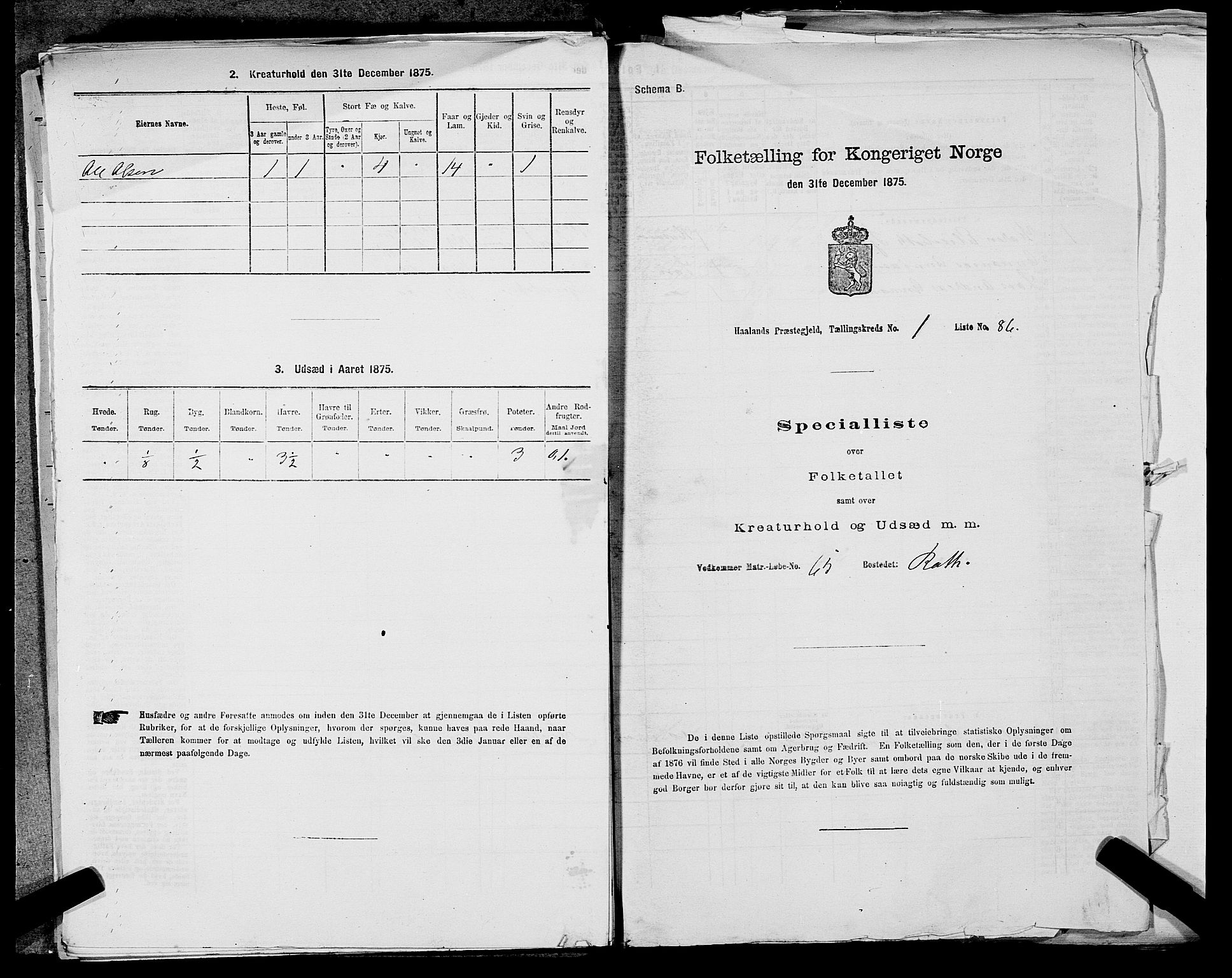 SAST, Folketelling 1875 for 1124P Håland prestegjeld, 1875, s. 227