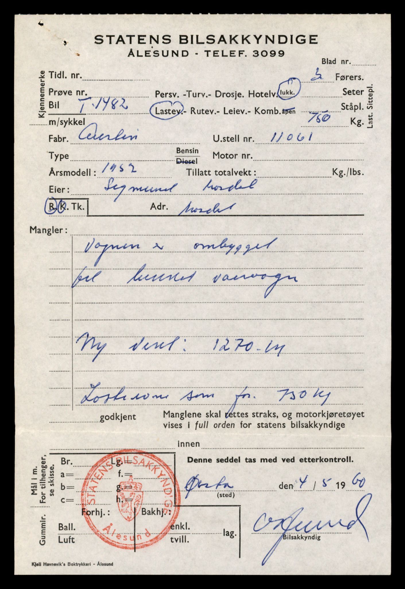 Møre og Romsdal vegkontor - Ålesund trafikkstasjon, SAT/A-4099/F/Fe/L0013: Registreringskort for kjøretøy T 1451 - T 1564, 1927-1998, s. 609