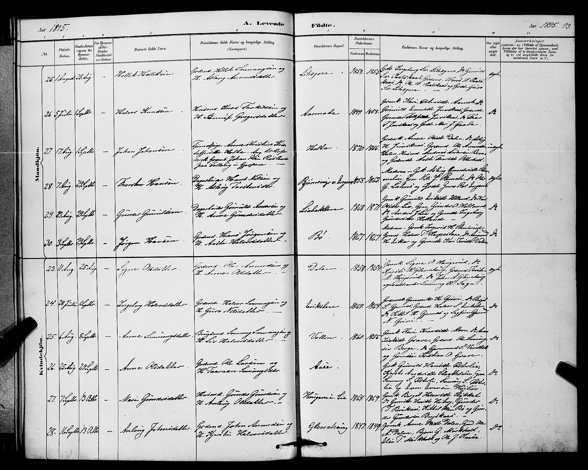 Bø kirkebøker, AV/SAKO-A-257/G/Ga/L0005: Klokkerbok nr. 5, 1883-1897, s. 93