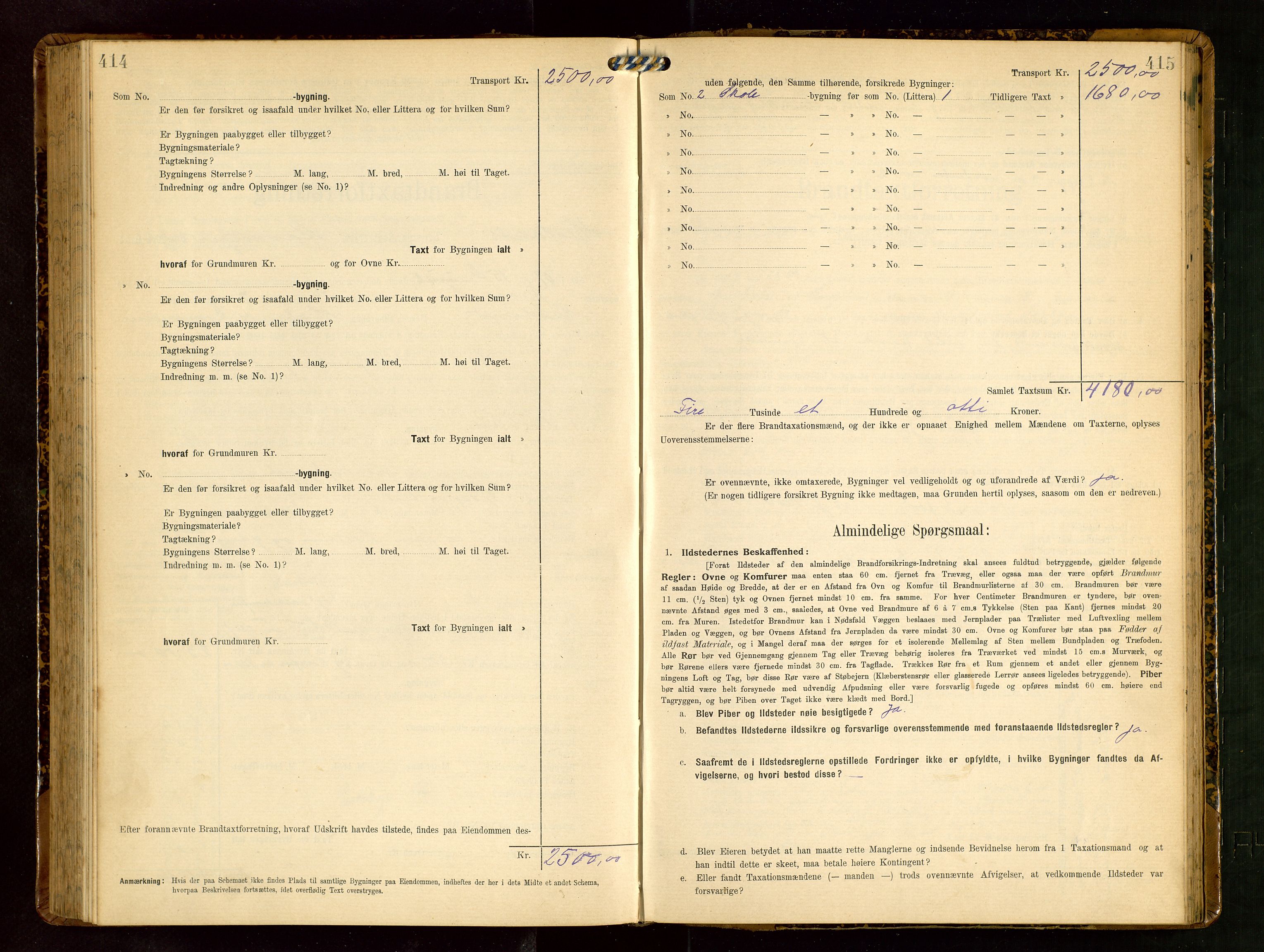 Håland lensmannskontor, AV/SAST-A-100100/Gob/L0003: Branntakstprotokoll - skjematakst. Register i boken., 1909-1910, s. 414-415