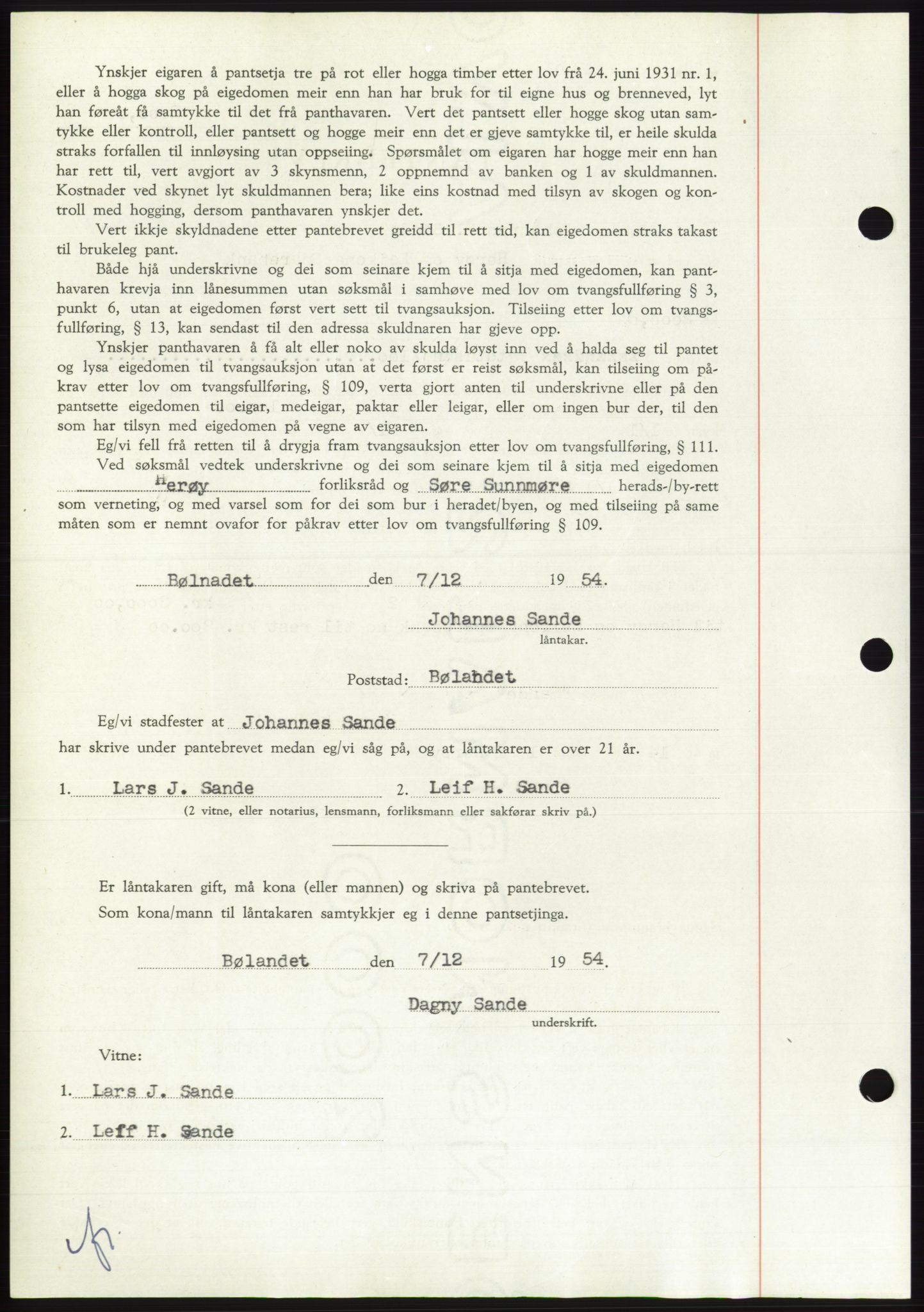 Søre Sunnmøre sorenskriveri, AV/SAT-A-4122/1/2/2C/L0126: Pantebok nr. 14B, 1954-1955, Dagboknr: 3357/1954