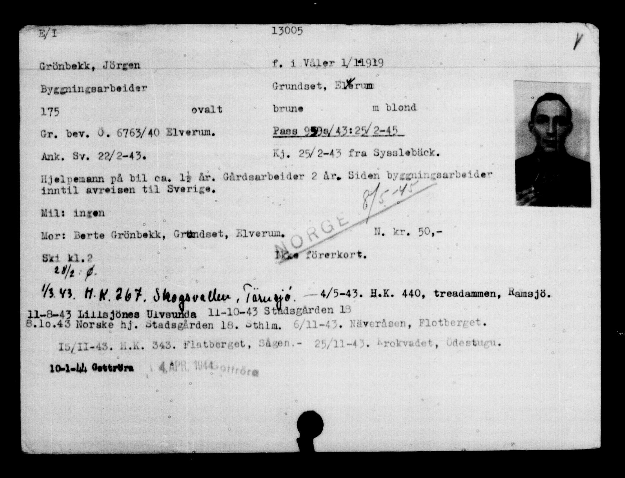 Utenriksstasjonene, Legasjonen i Stockholm, Flyktningkontoret, AV/RA-S-6753/V/Va/L0007: Kjesäterkartoteket, flyktninger med registreringsnr. 12700-15723, 1940-1945, s. 355