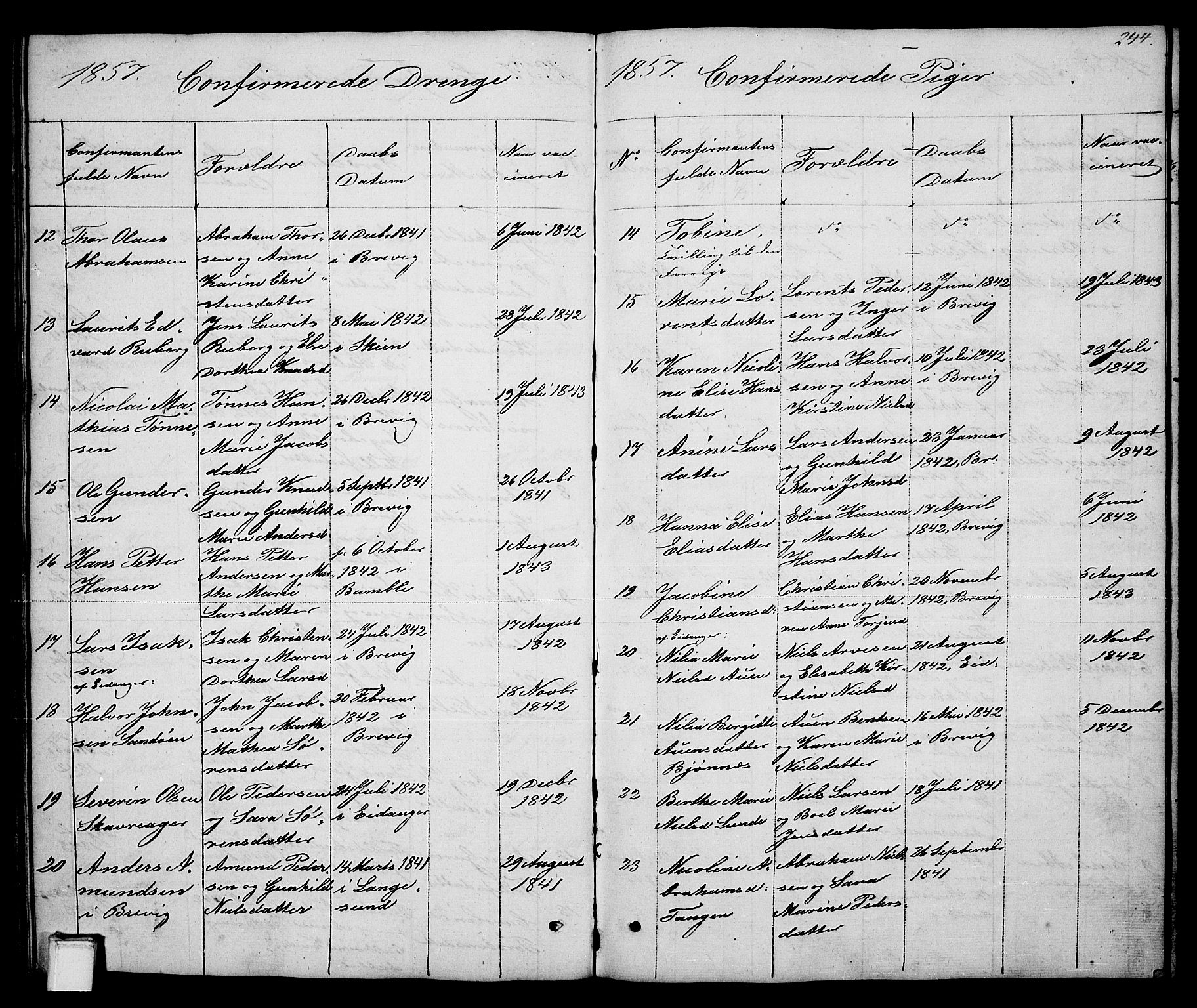 Brevik kirkebøker, AV/SAKO-A-255/G/Ga/L0002: Klokkerbok nr. 2, 1846-1865, s. 244