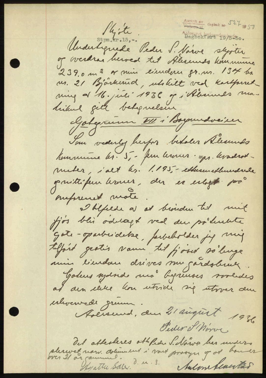 Ålesund byfogd, AV/SAT-A-4384: Pantebok nr. 37A (2), 1949-1950, Dagboknr: 527/1950