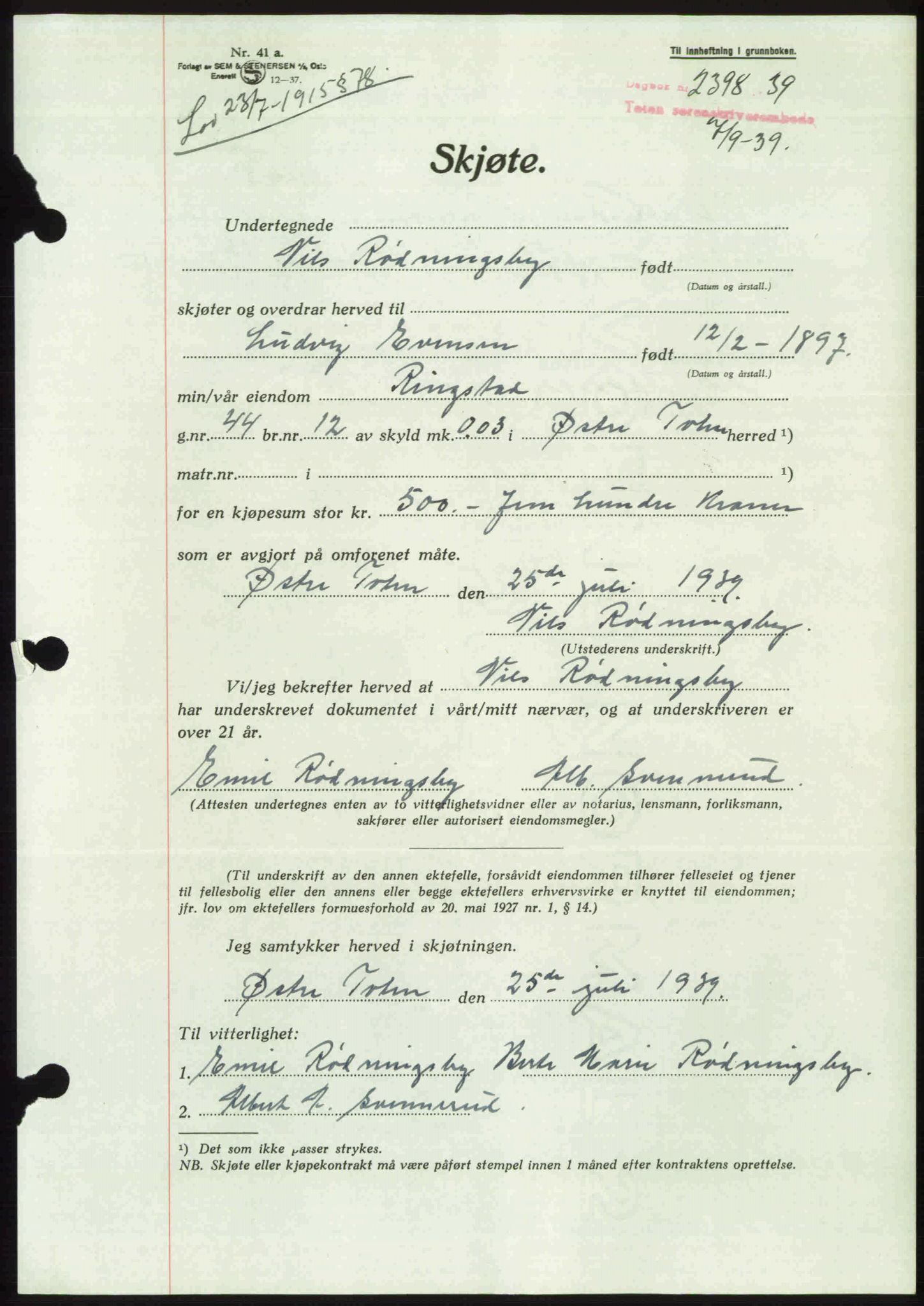 Toten tingrett, AV/SAH-TING-006/H/Hb/Hbc/L0006: Pantebok nr. Hbc-06, 1939-1939, Dagboknr: 2398/1939