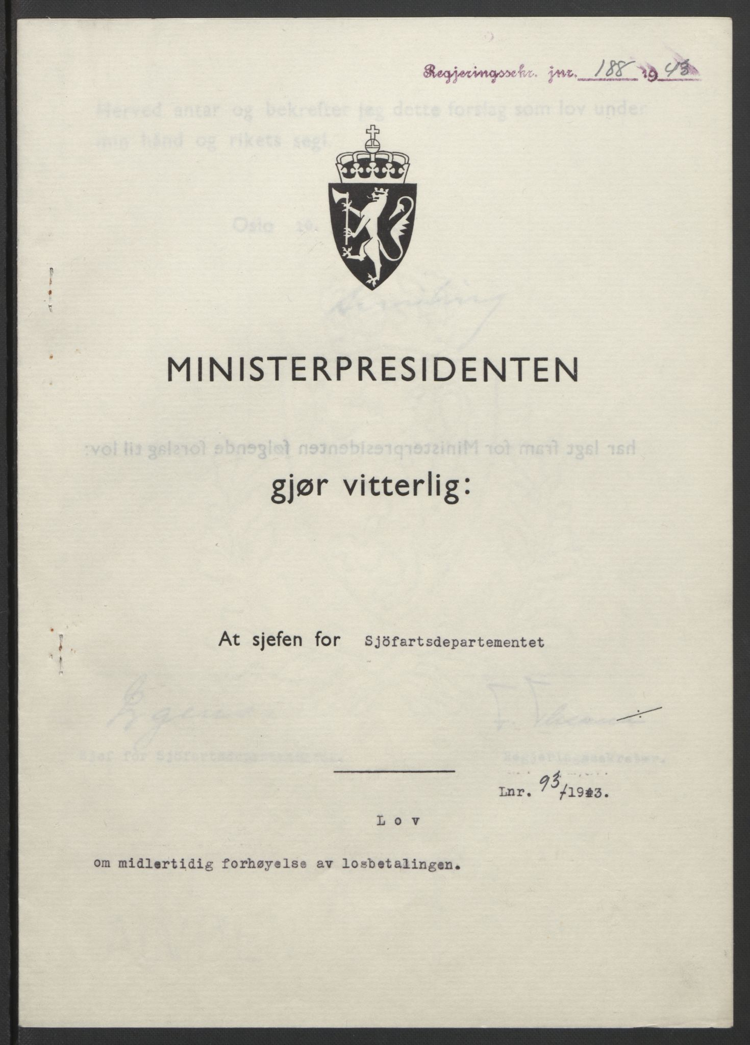 NS-administrasjonen 1940-1945 (Statsrådsekretariatet, de kommisariske statsråder mm), AV/RA-S-4279/D/Db/L0099: Lover, 1943, s. 421