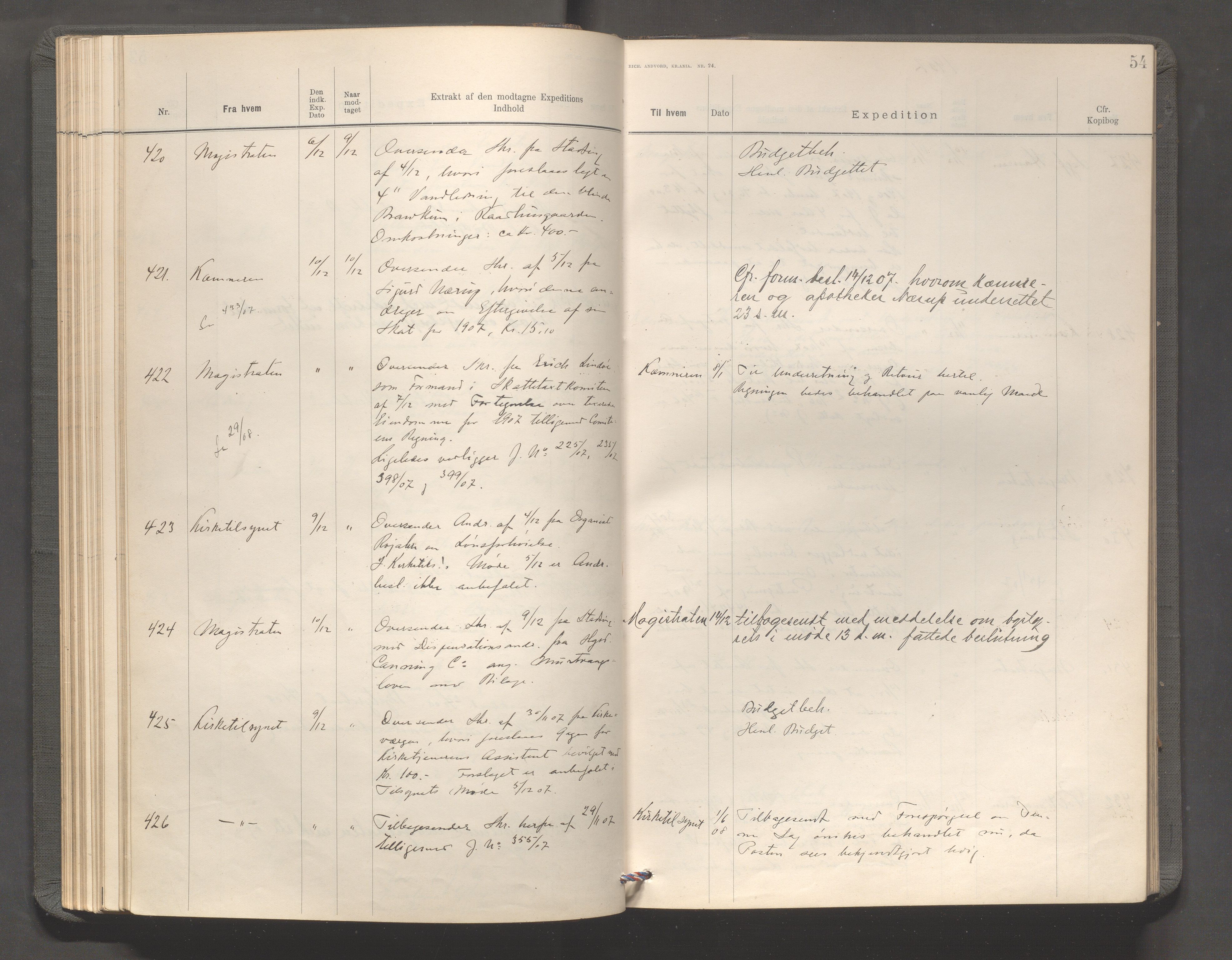 Haugesund kommune - Formannskapet, IKAR/X-0001/C/L0003: Journal, 1907-1910, s. 54