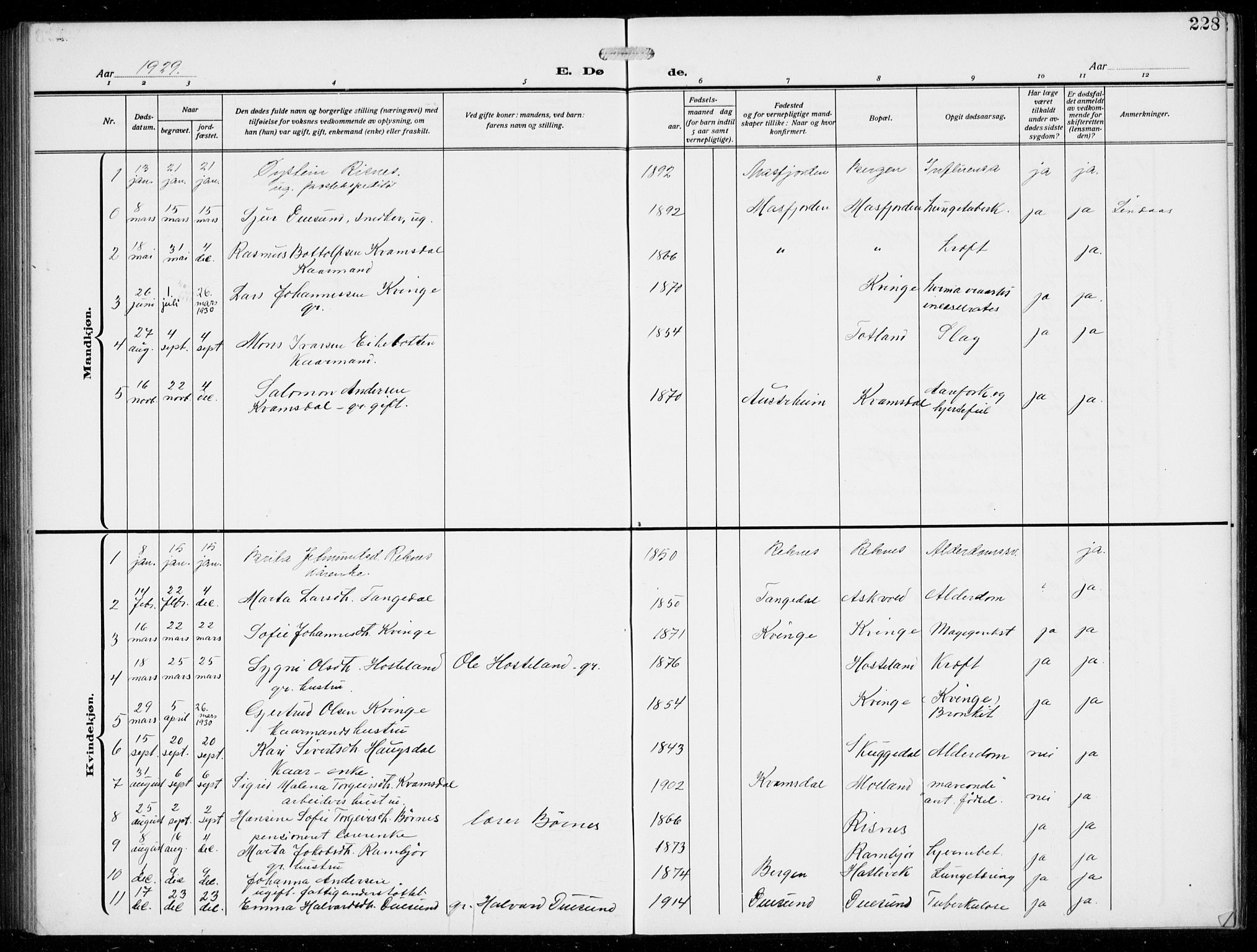 Masfjorden Sokneprestembete, AV/SAB-A-77001: Klokkerbok nr. B  2, 1912-1939, s. 228