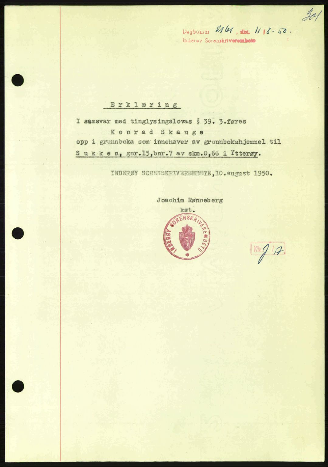 Inderøy sorenskriveri, SAT/A-4147/1/2/2C: Pantebok nr. Y1, 1936-1950, Dagboknr: 2161/1950