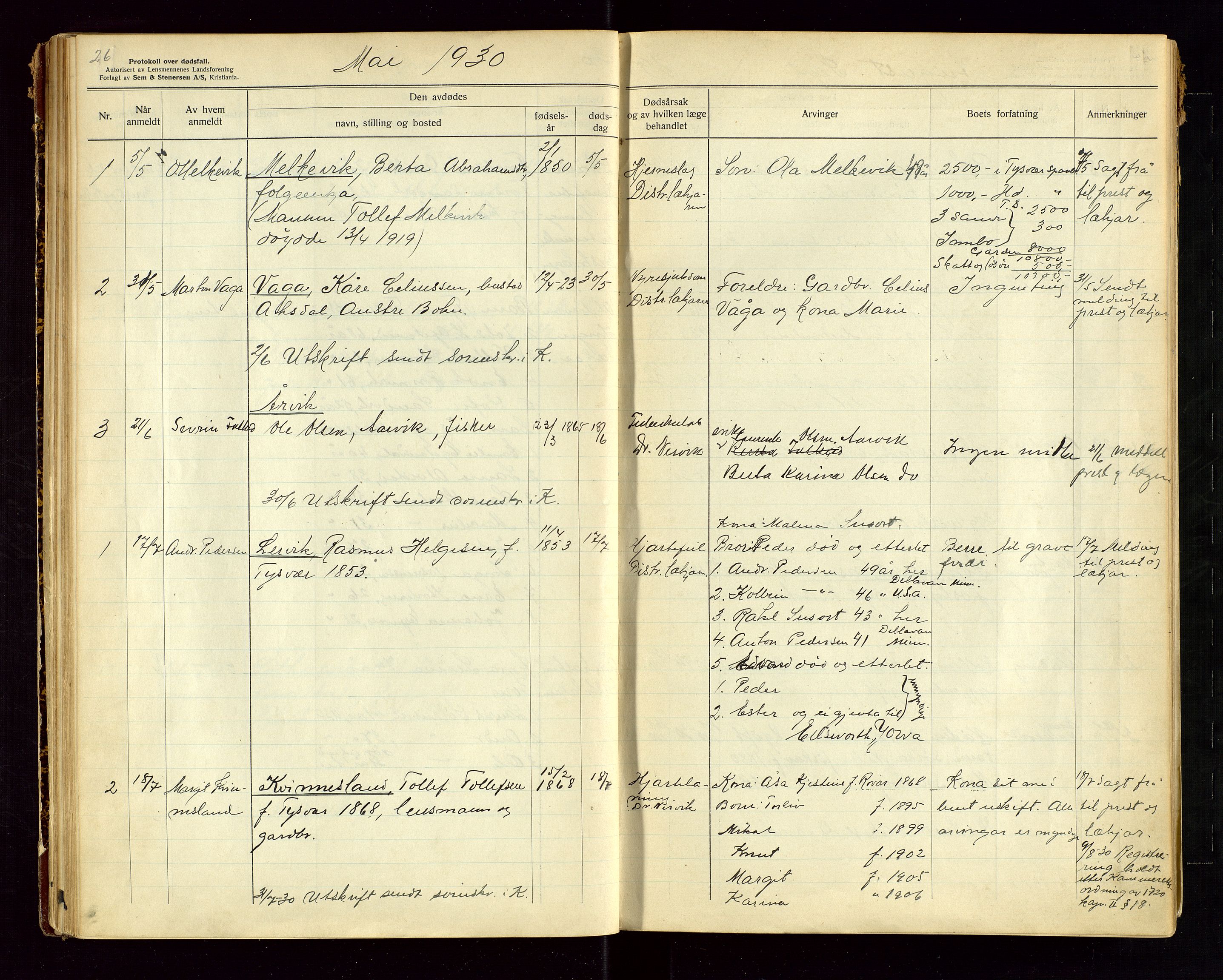 Tysvær lensmannskontor, AV/SAST-A-100192/Gga/L0004: "Protokol over anmeldte dødsfall i Tysvær lensmanndsdistrikt" med register, 1927-1949, s. 26