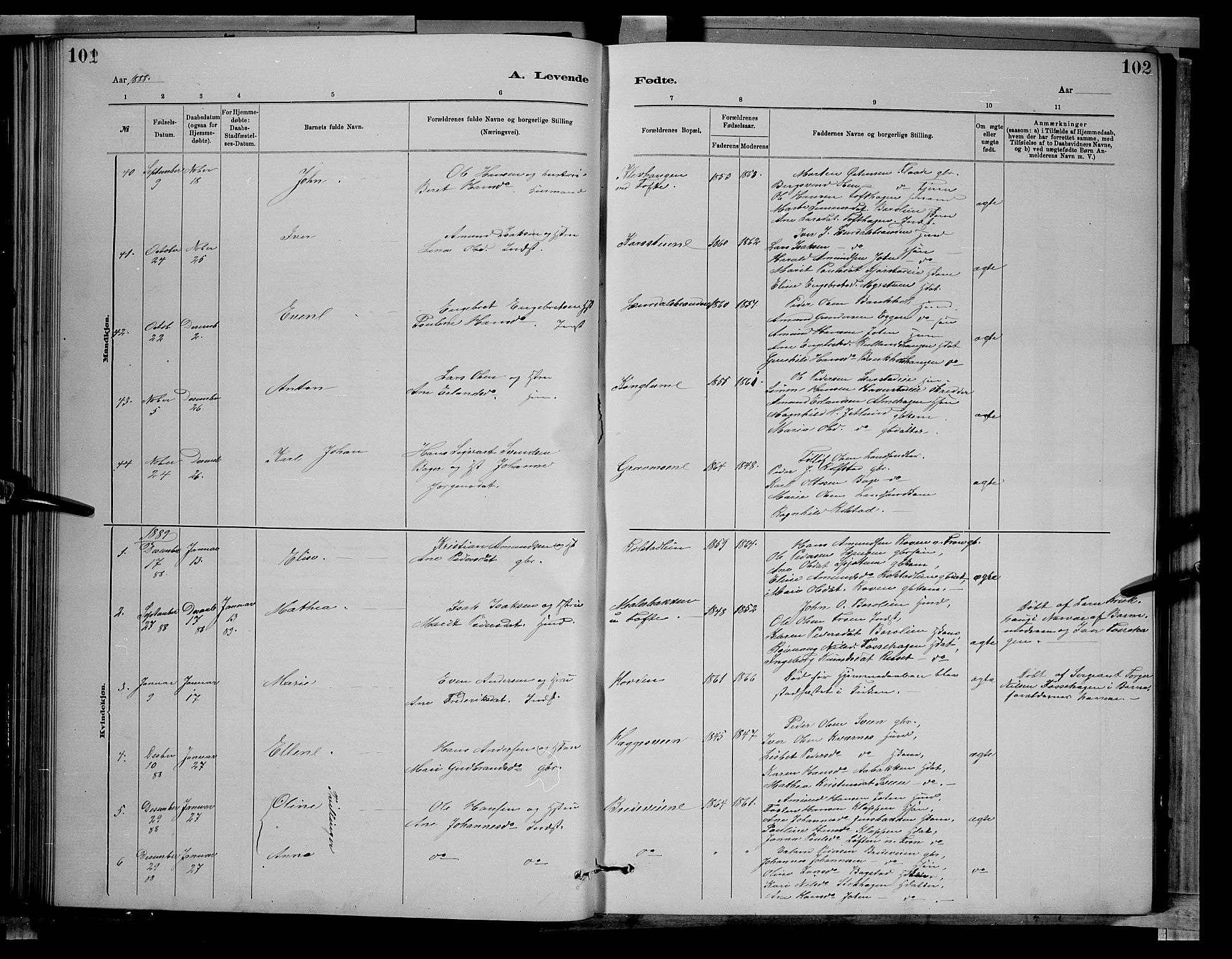 Sør-Fron prestekontor, SAH/PREST-010/H/Ha/Hab/L0003: Klokkerbok nr. 3, 1884-1896, s. 101-102