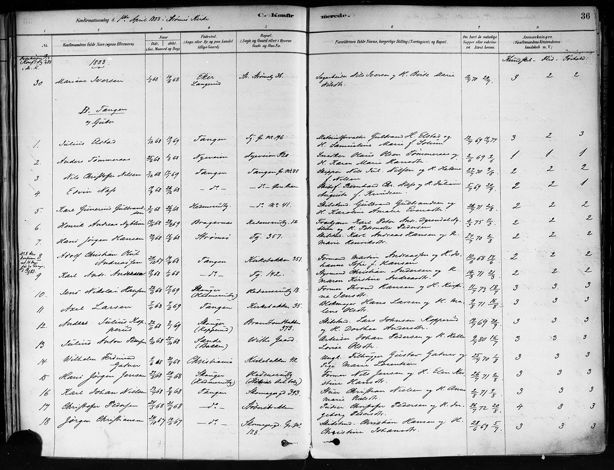 Strømsø kirkebøker, AV/SAKO-A-246/F/Fa/L0022: Ministerialbok nr. I 22, 1879-1899, s. 36