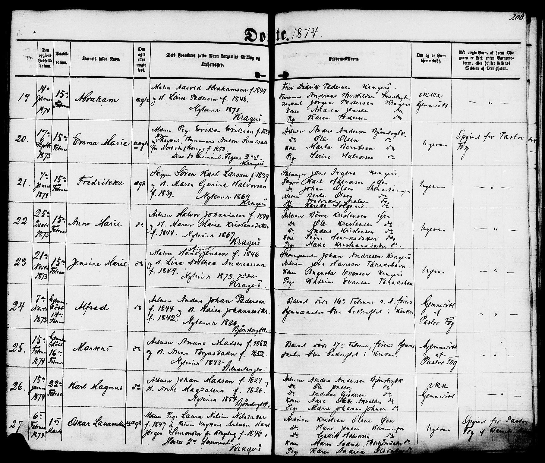 Kragerø kirkebøker, AV/SAKO-A-278/F/Fa/L0007: Ministerialbok nr. 7, 1861-1875, s. 208