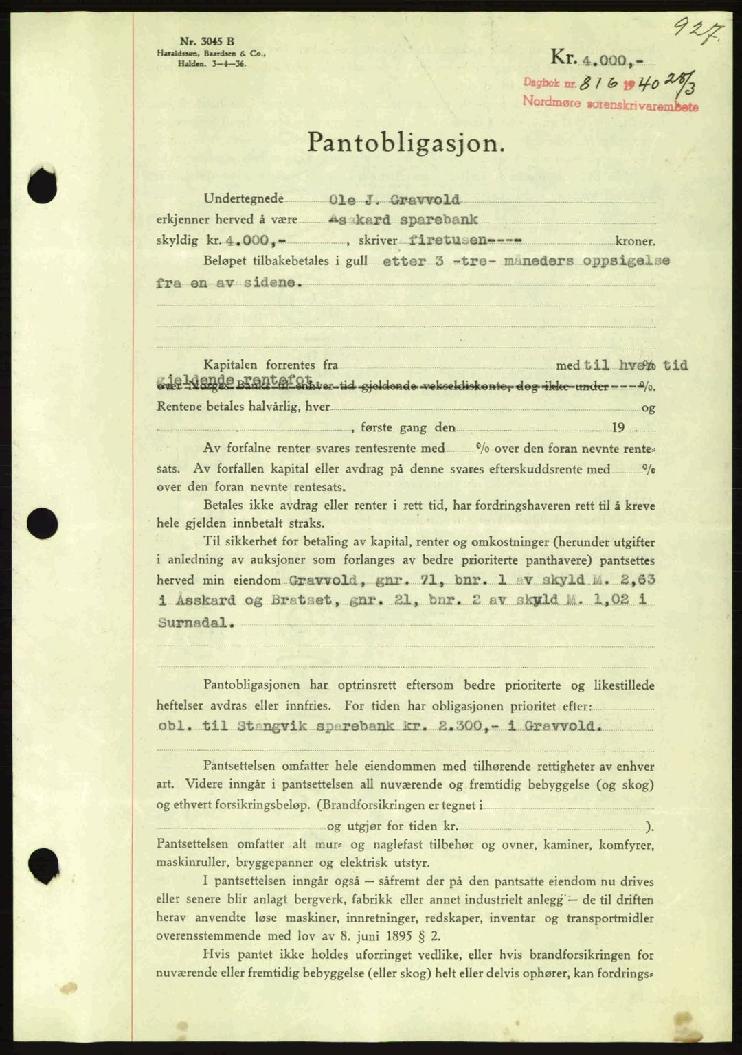 Nordmøre sorenskriveri, AV/SAT-A-4132/1/2/2Ca: Pantebok nr. B86, 1939-1940, Dagboknr: 816/1940