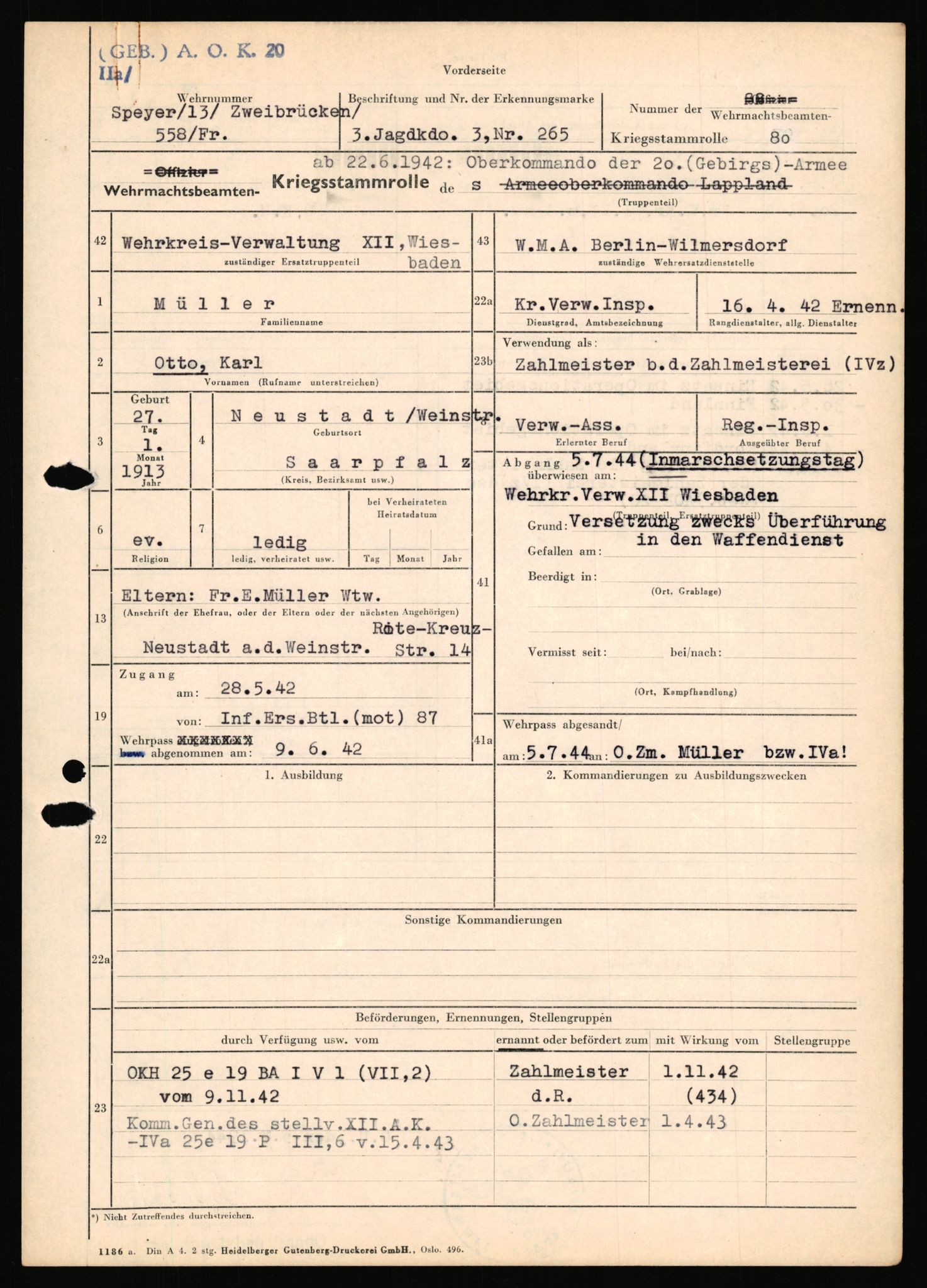 Forsvarets Overkommando. 2 kontor. Arkiv 11.4. Spredte tyske arkivsaker, AV/RA-RAFA-7031/D/Dar/Dara/L0018: Personalbøker, 1940-1945, s. 1113