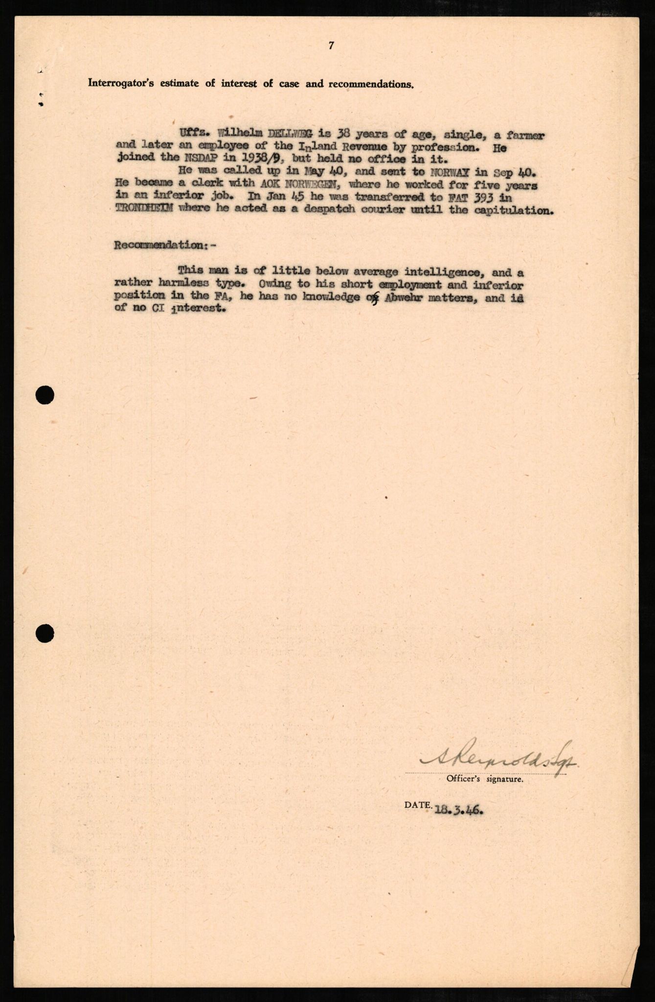 Forsvaret, Forsvarets overkommando II, AV/RA-RAFA-3915/D/Db/L0005: CI Questionaires. Tyske okkupasjonsstyrker i Norge. Tyskere., 1945-1946, s. 445