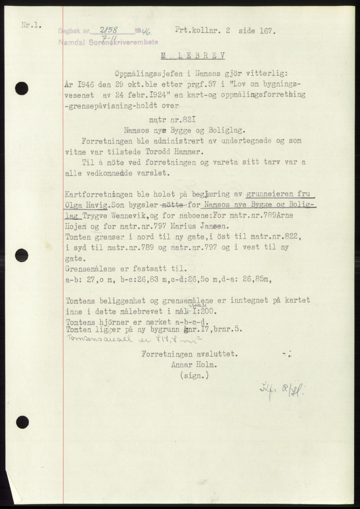 Namdal sorenskriveri, SAT/A-4133/1/2/2C: Pantebok nr. -, 1946-1947, Dagboknr: 2158/1946