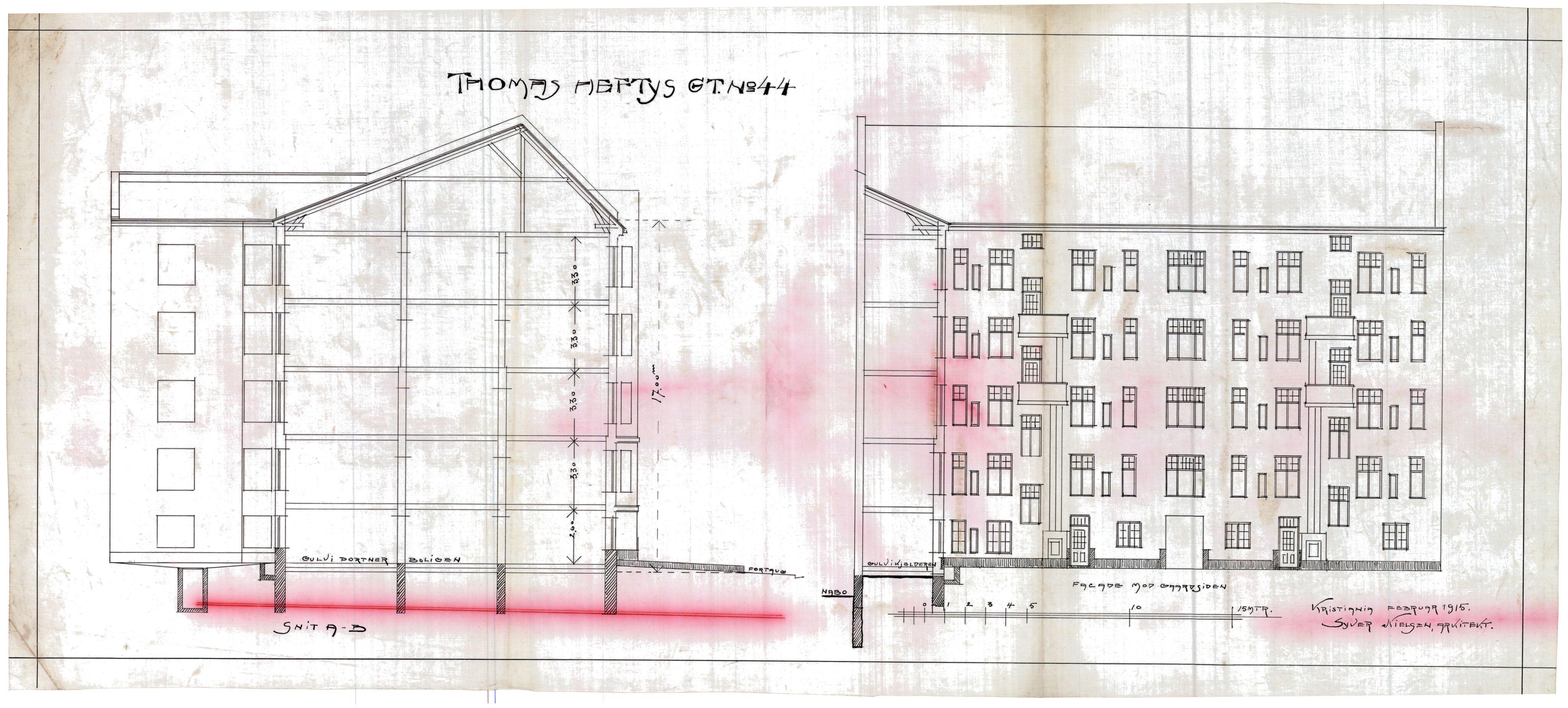 Syver Nielsen Arkitekt, OBA/A-70230/T/L0015/0003: Thomas Heftyes gate 44 / Snitt og fasade mot gårdsplassen, 1915, s. 1