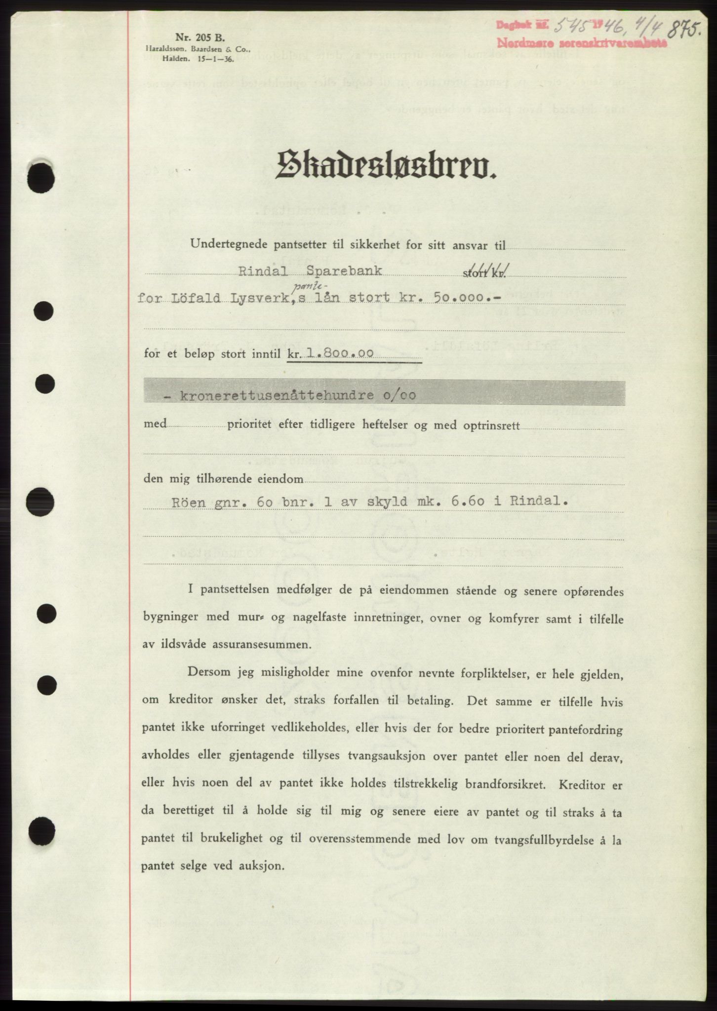 Nordmøre sorenskriveri, SAT/A-4132/1/2/2Ca: Pantebok nr. B93b, 1946-1946, Dagboknr: 545/1946