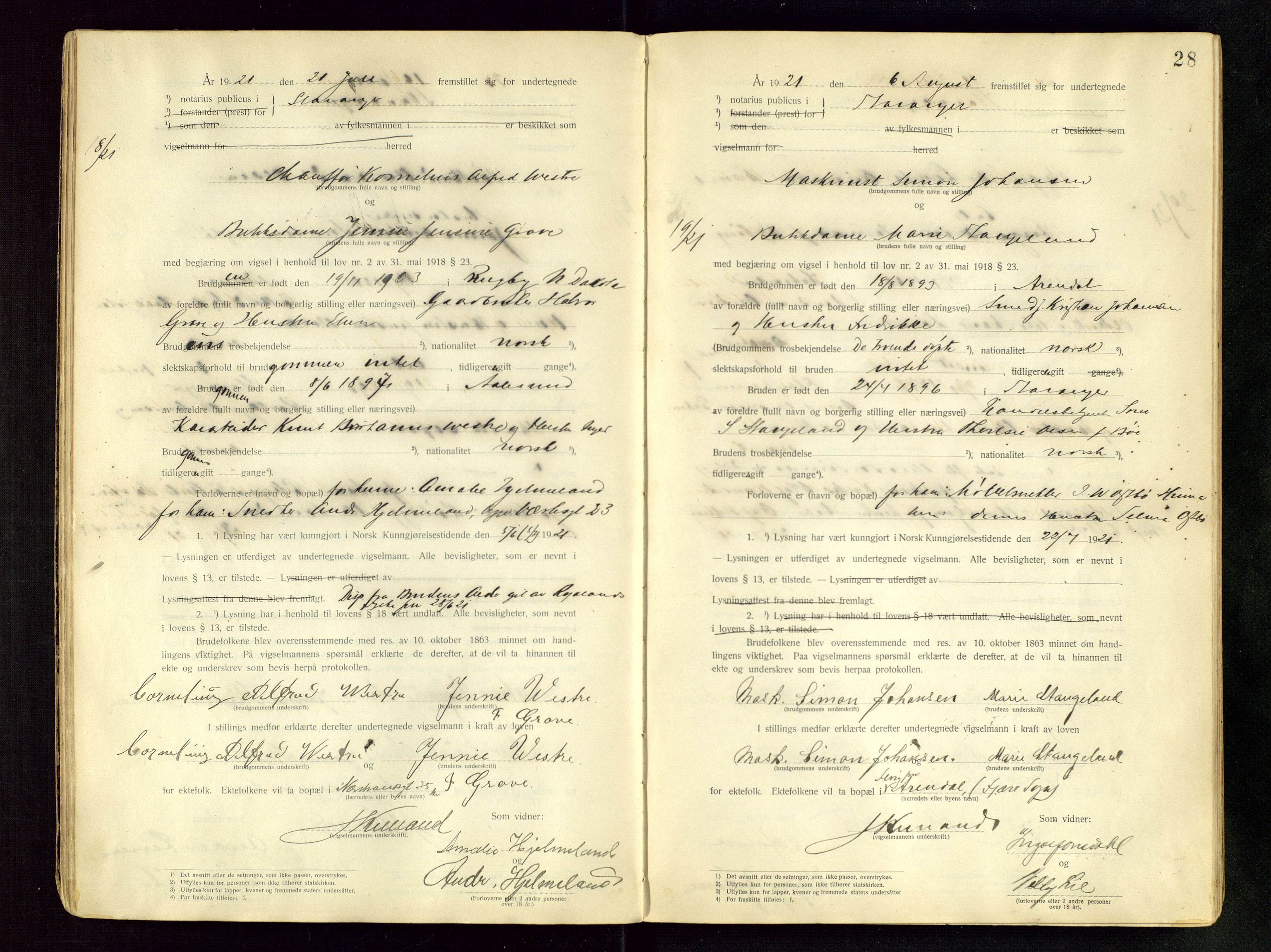 Stavanger byfogd, AV/SAST-A-101408/001/6/62/62BB/L0001: Vigselsprotokoll, 1920-1926, s. 28