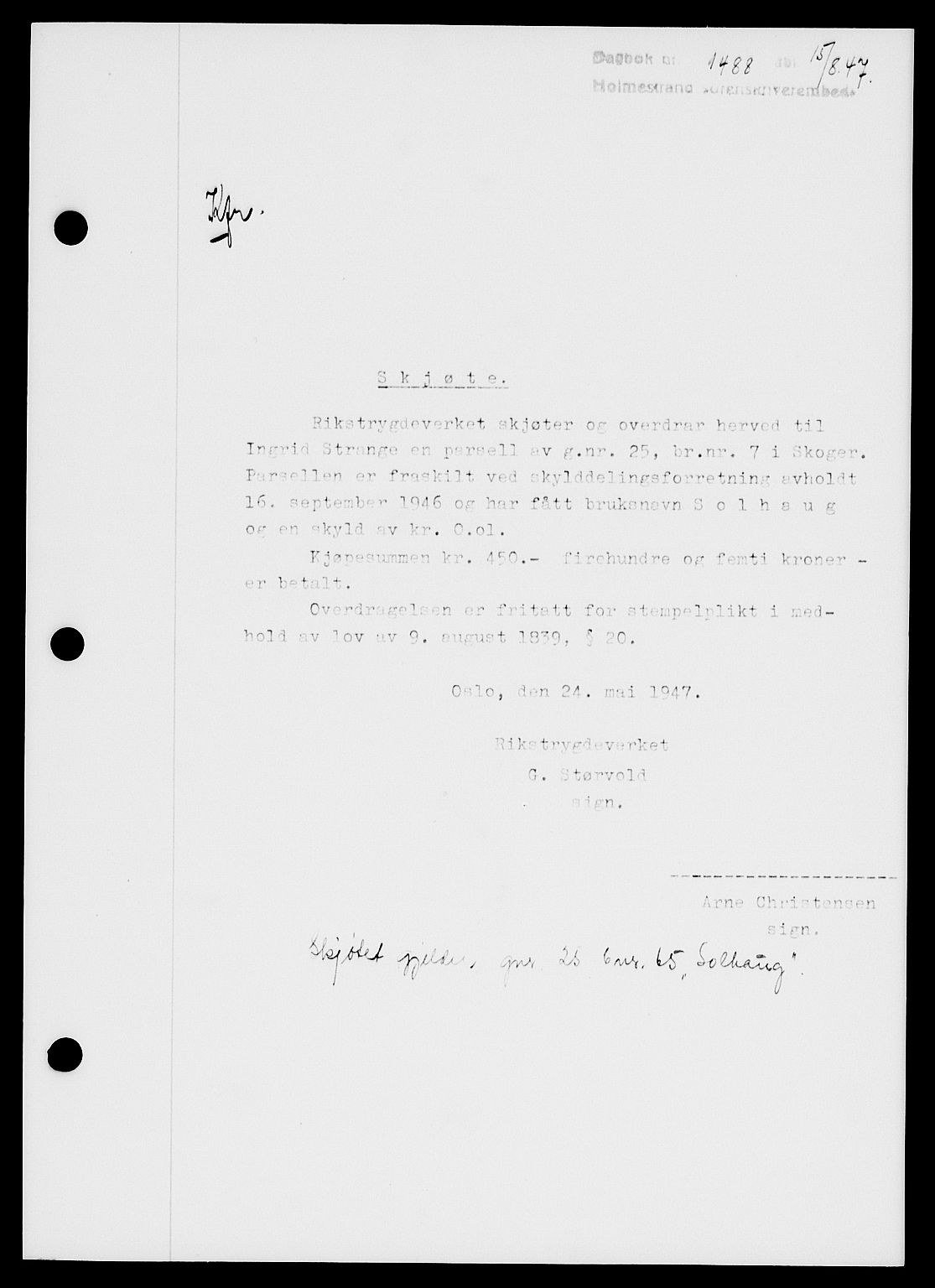 Holmestrand sorenskriveri, SAKO/A-67/G/Ga/Gaa/L0062: Pantebok nr. A-62, 1947-1947, Dagboknr: 1488/1947