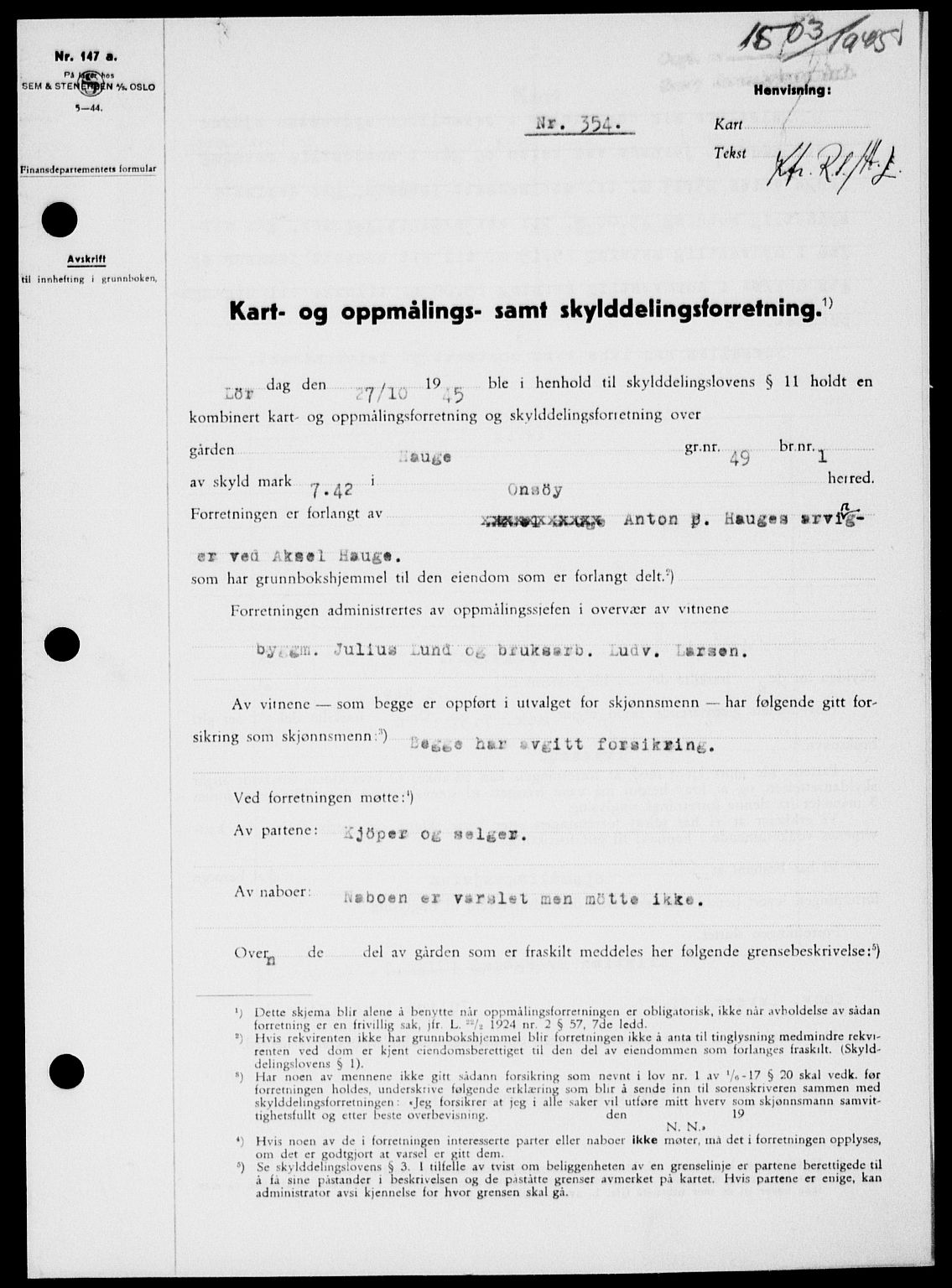 Onsøy sorenskriveri, SAO/A-10474/G/Ga/Gab/L0015: Pantebok nr. II A-15, 1945-1946, Dagboknr: 1503/1945