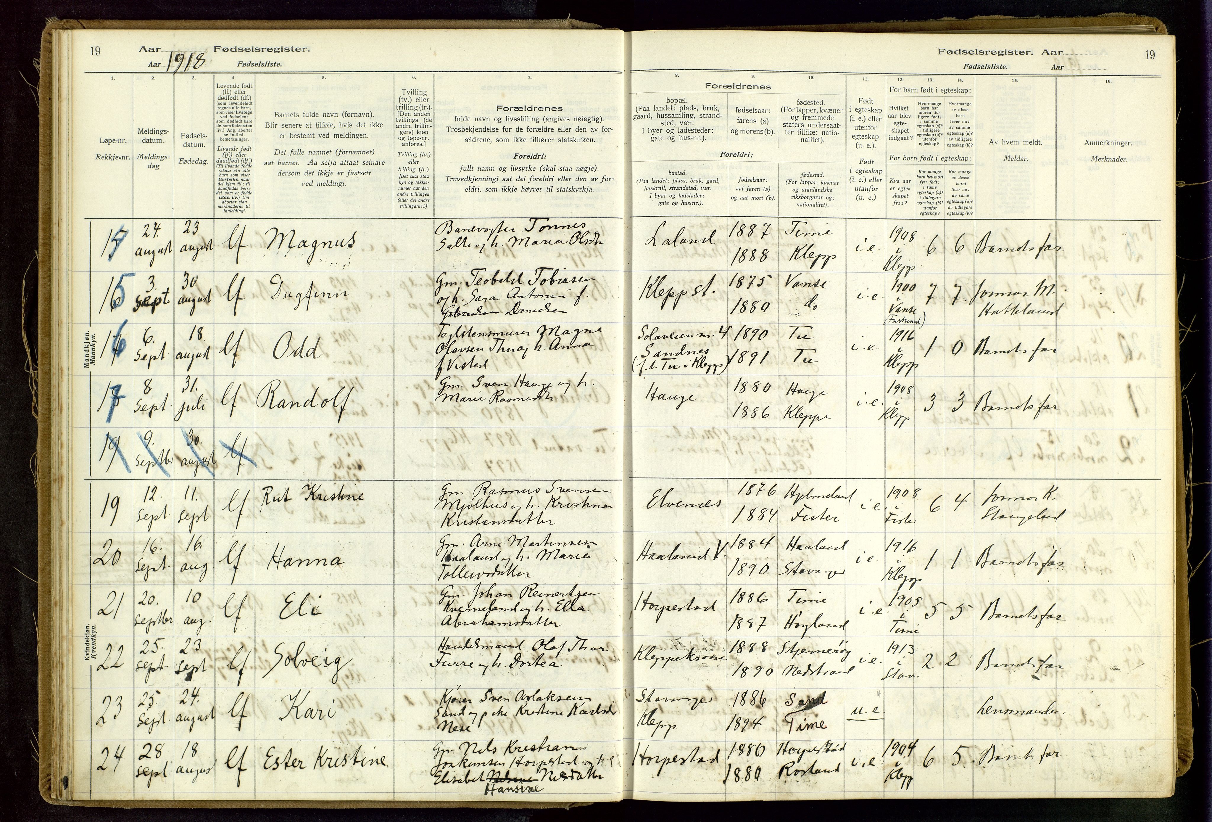 Klepp sokneprestkontor, AV/SAST-A-101803/001/704BAA/L0001: Fødselsregister nr. 1, 1916-1948, s. 19