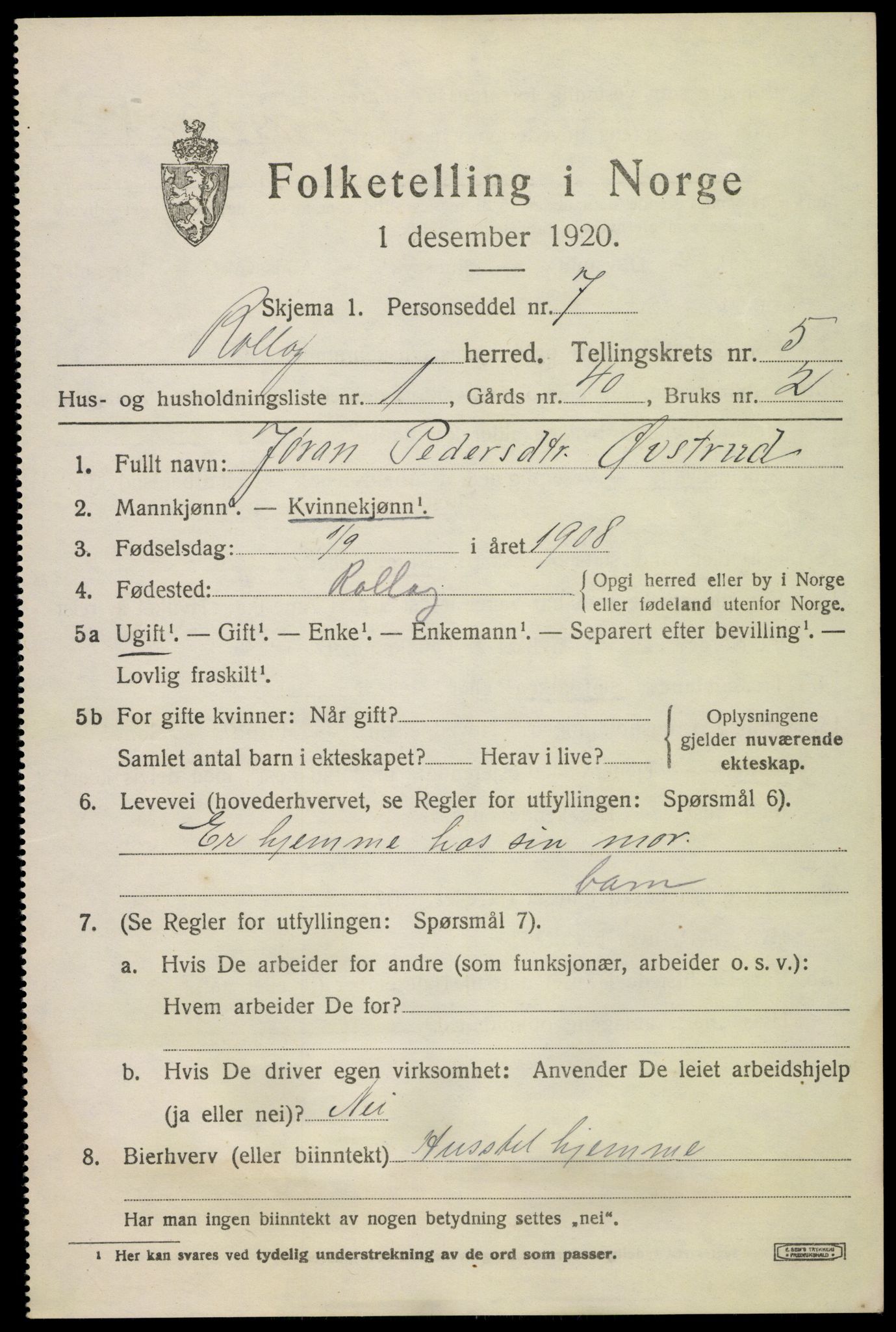 SAKO, Folketelling 1920 for 0632 Rollag herred, 1920, s. 2058